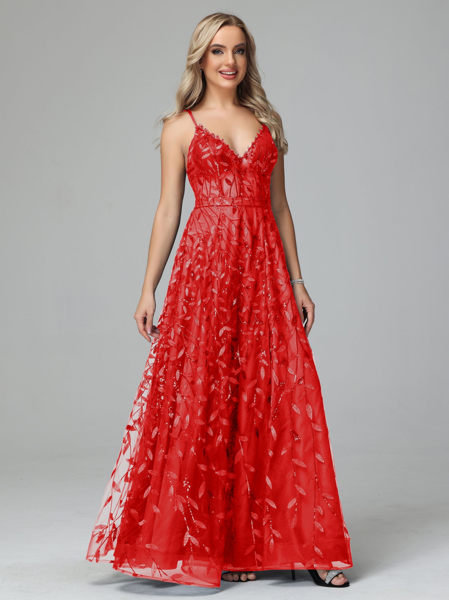 V Neck Spaghetti Straps Lace Appliques Prom Dresses