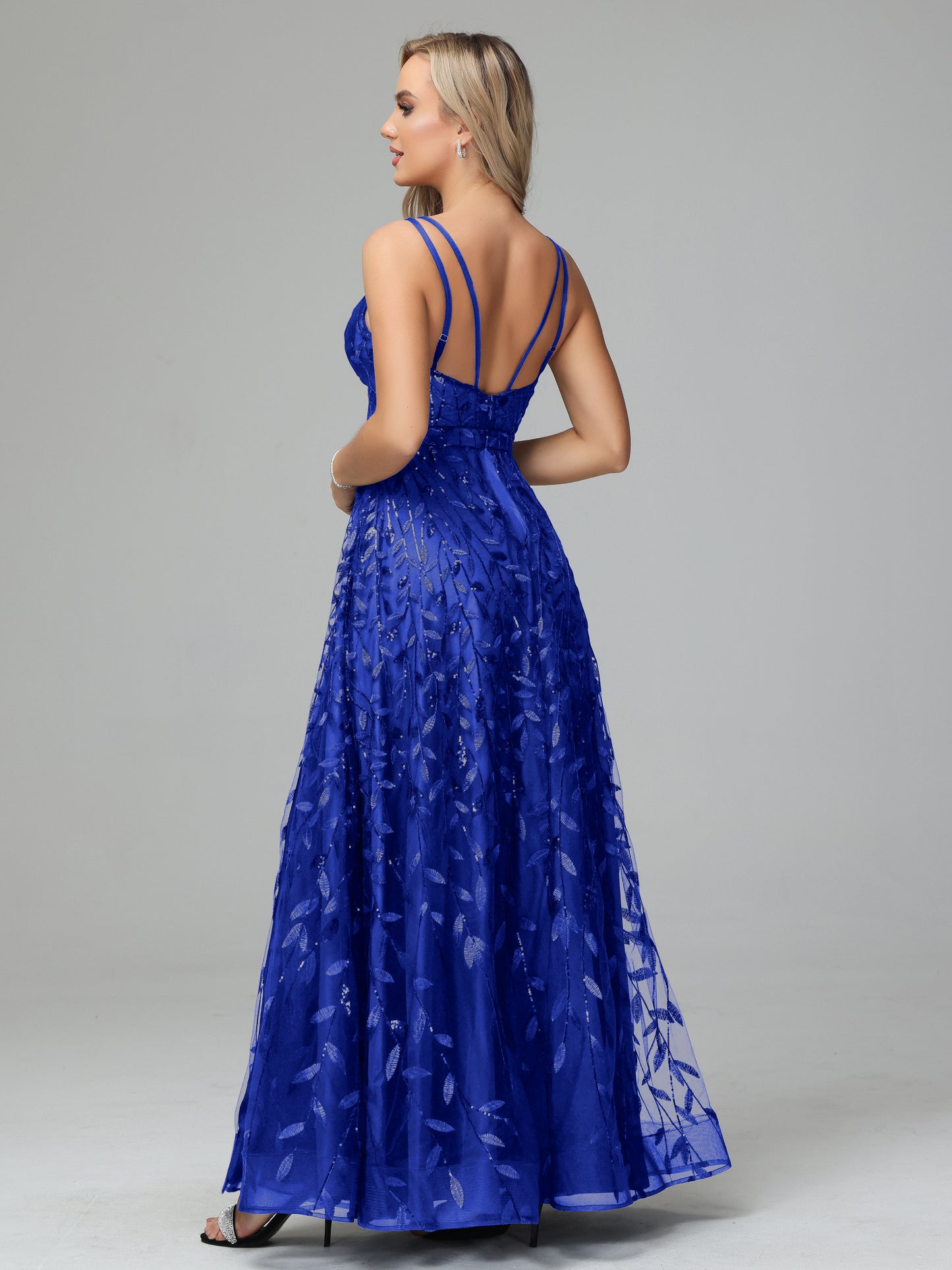 V Neck Spaghetti Straps Lace Appliques Prom Dresses