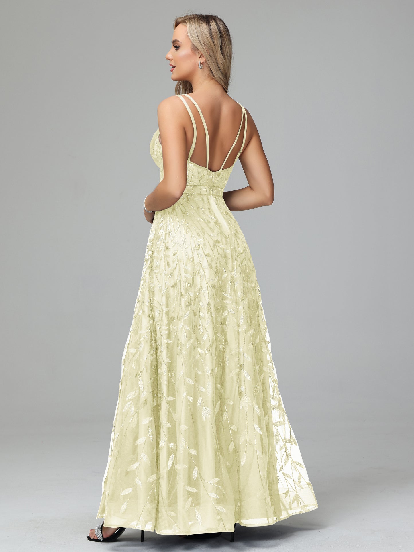V Neck Spaghetti Straps Lace Appliques Prom Dresses
