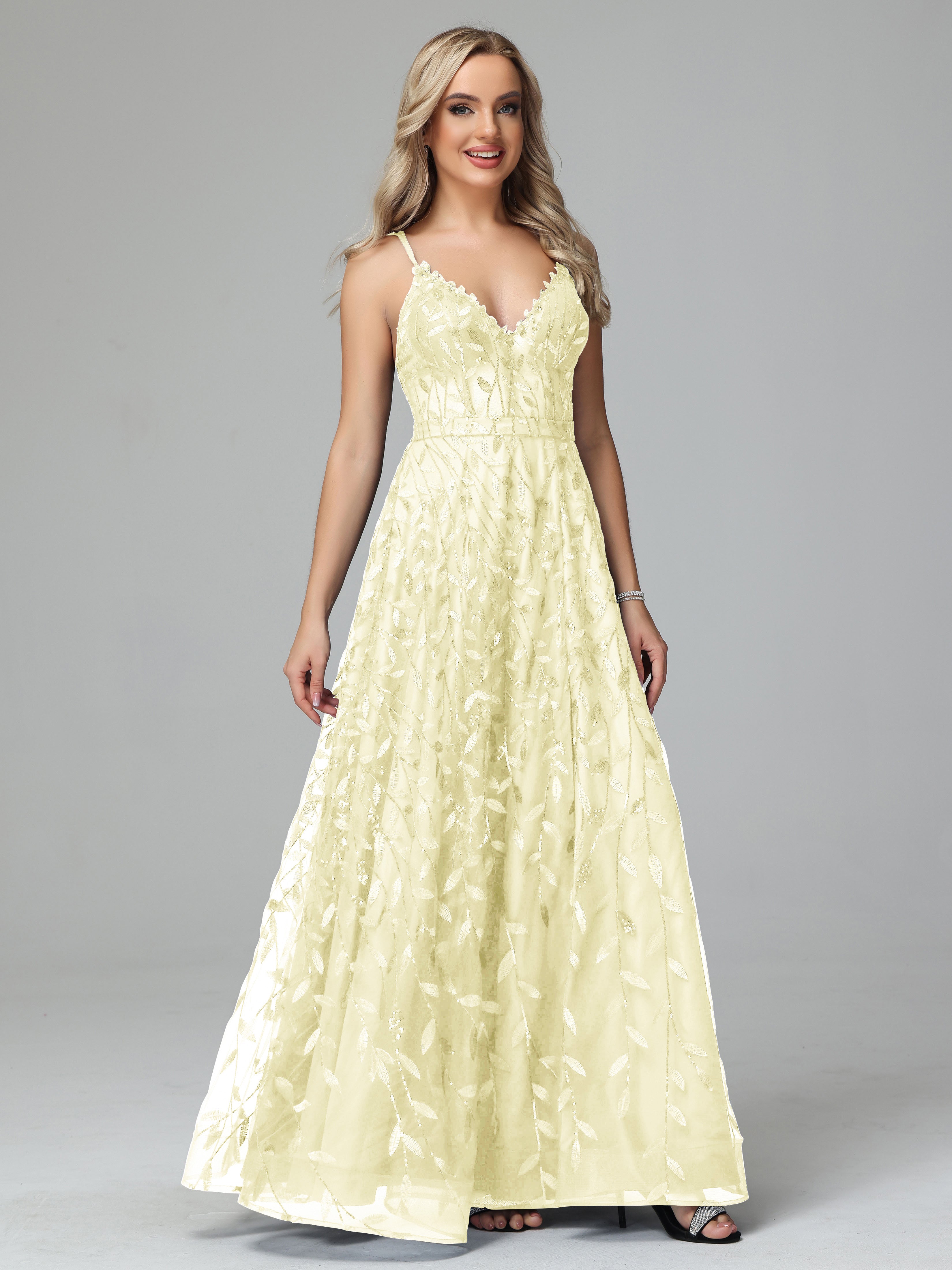 V Neck Spaghetti Straps Lace Appliques Prom Dresses