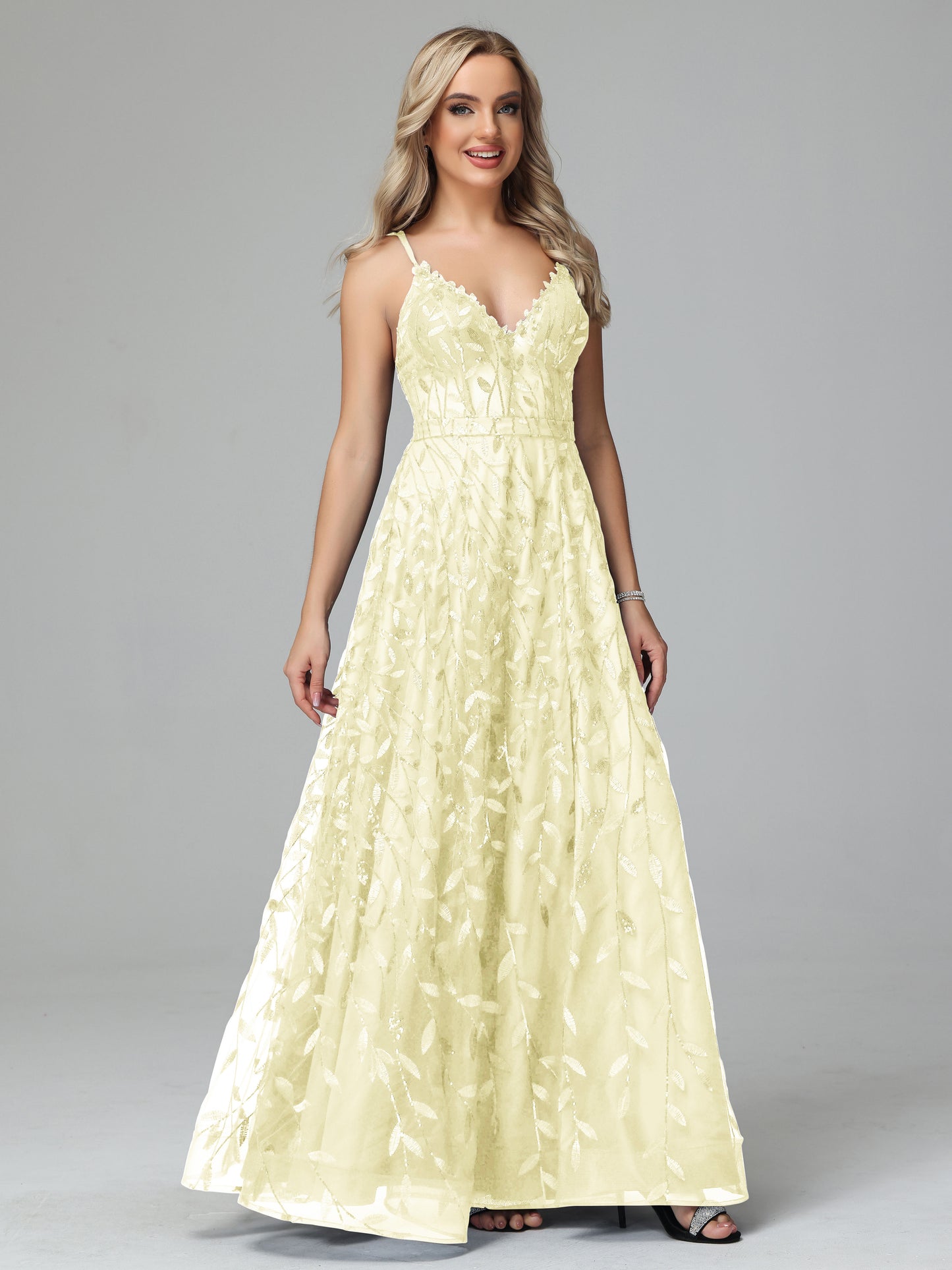 V Neck Spaghetti Straps Lace Appliques Prom Dresses