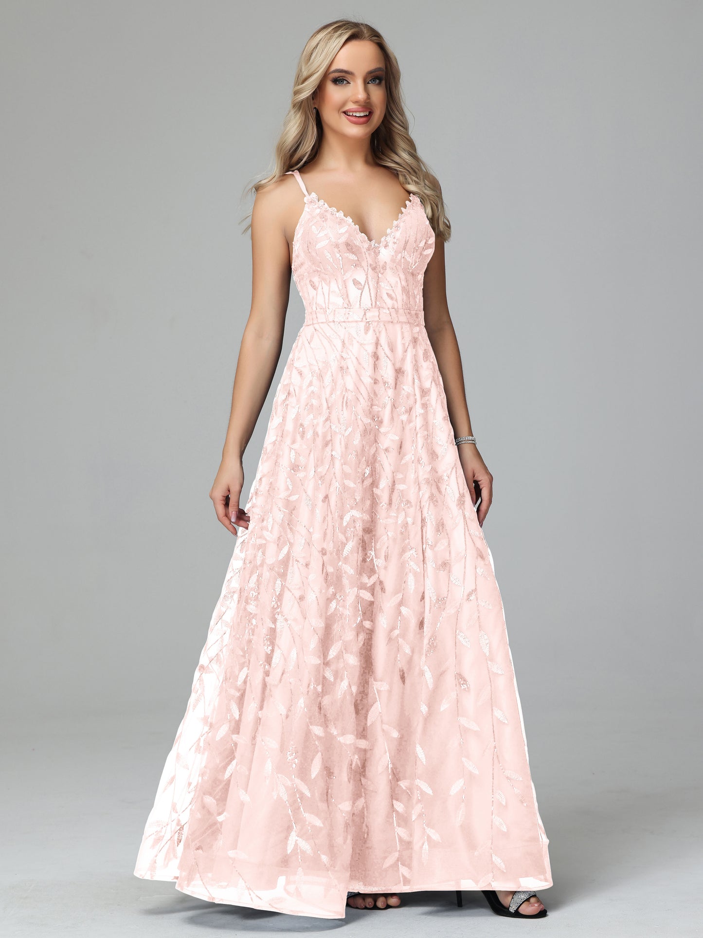 V Neck Spaghetti Straps Lace Appliques Prom Dresses