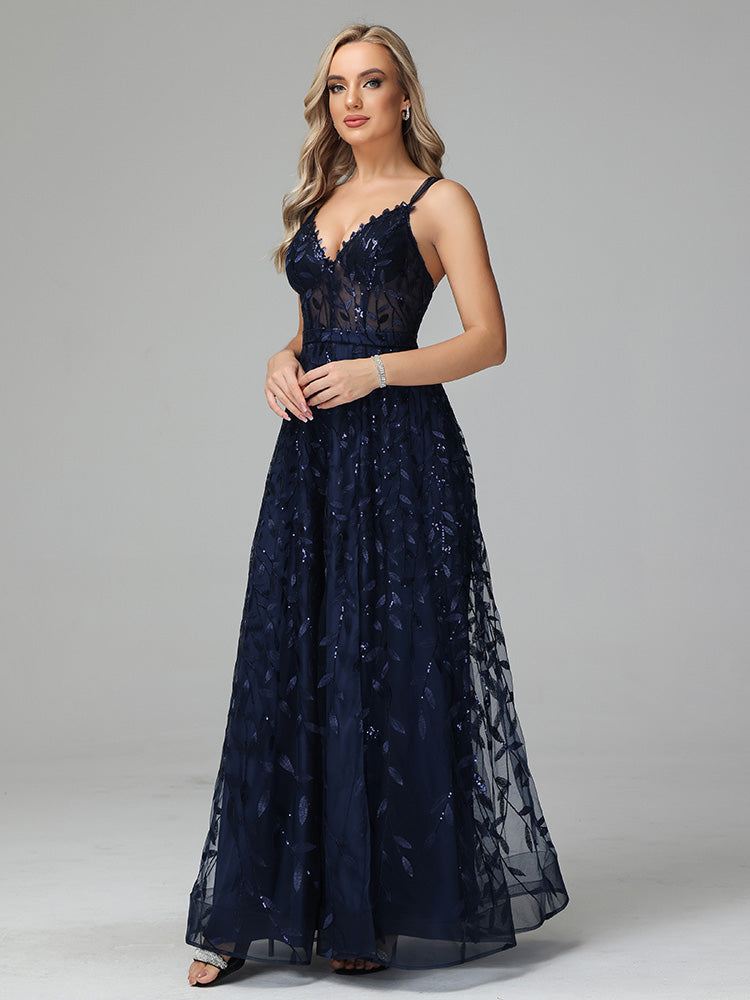V Neck Spaghetti Straps Lace Appliques Prom Dresses