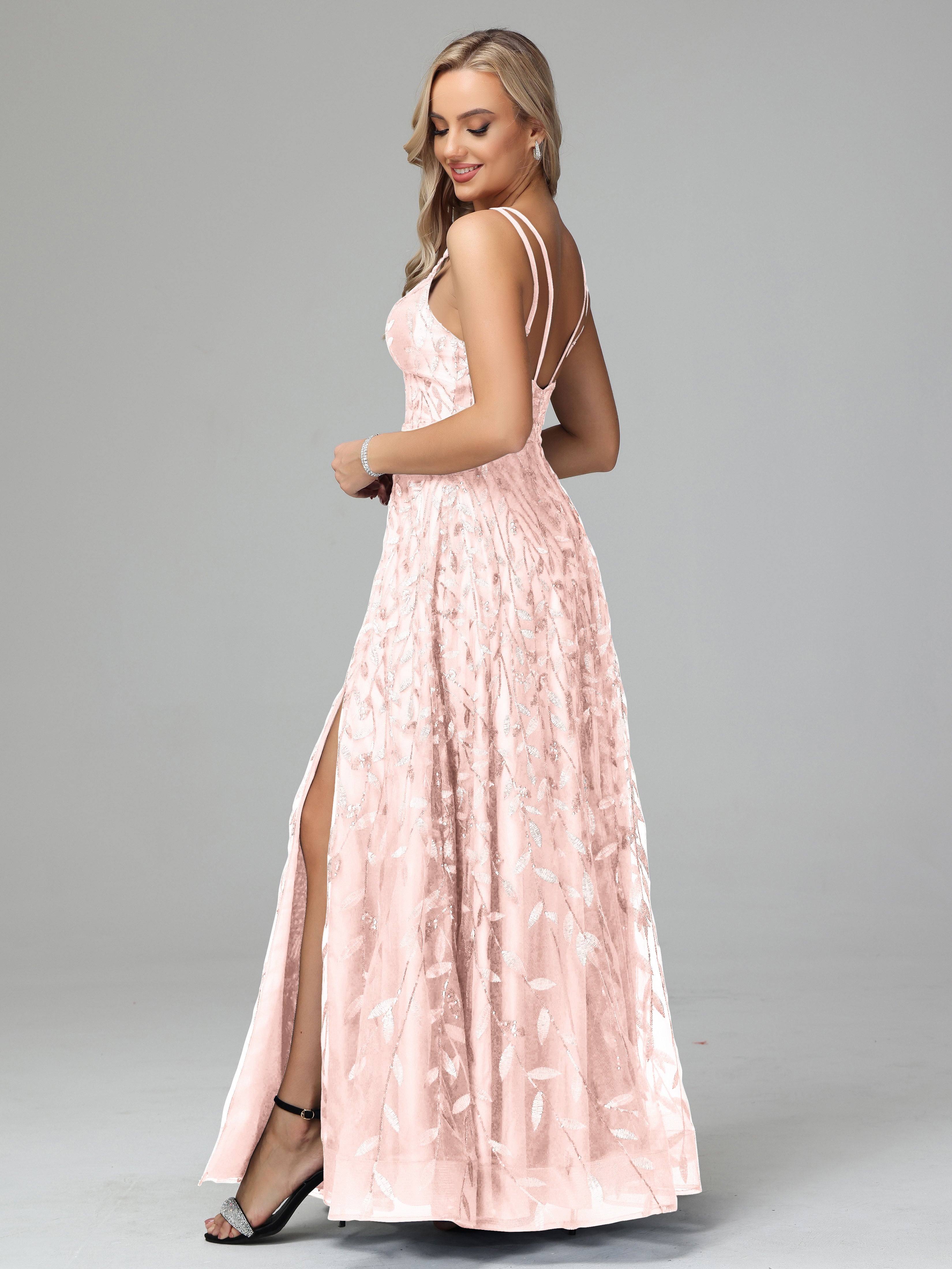 V Neck Spaghetti Straps Lace Appliques Prom Dresses