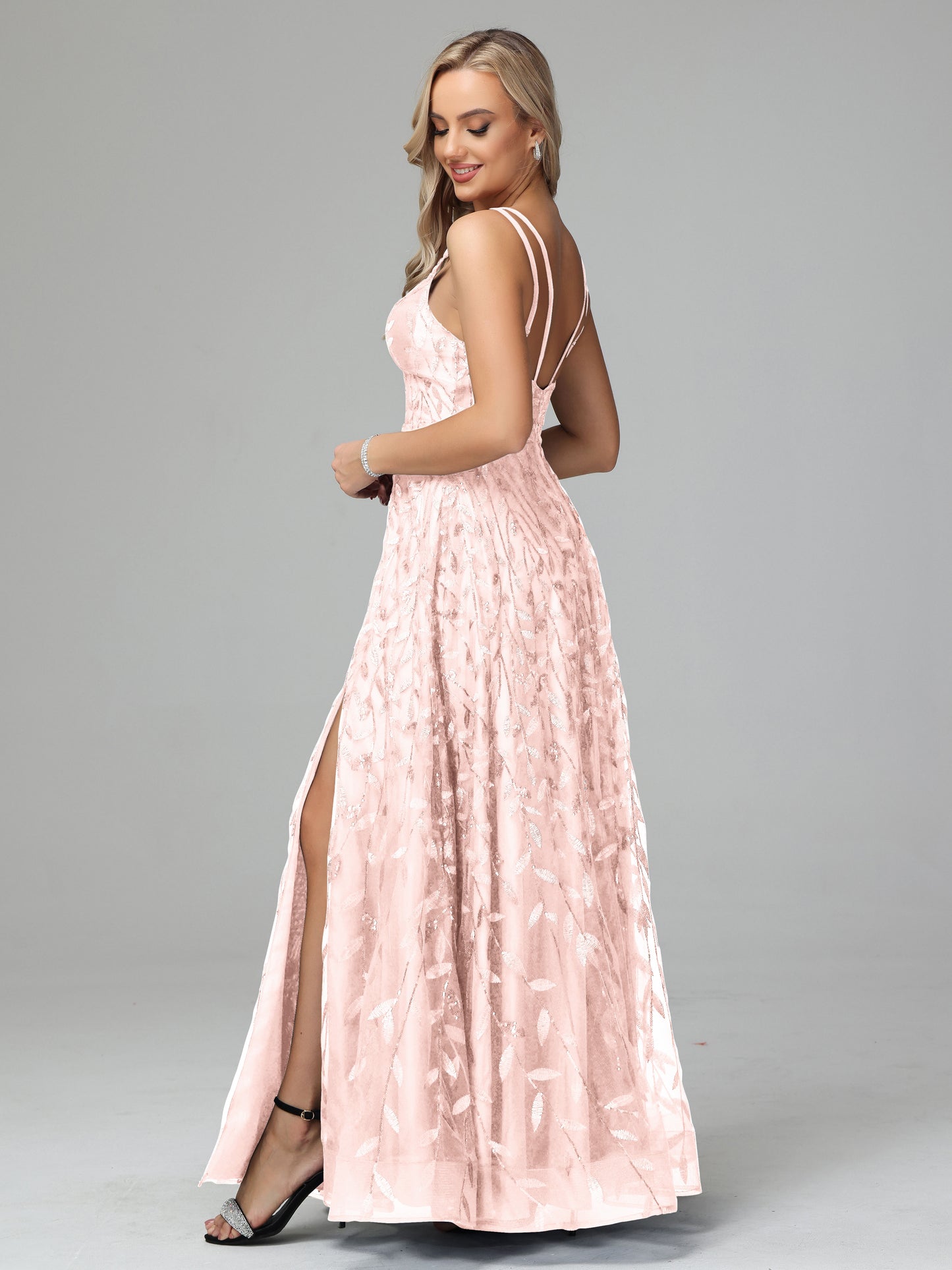 V Neck Spaghetti Straps Lace Appliques Prom Dresses
