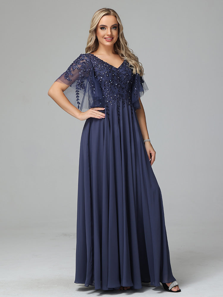 Short Sleeves V Neck Lace Appliques Chiffon Prom Dresses Short Sleeves V Neck Lace Appliques Chiffon Prom Dresses