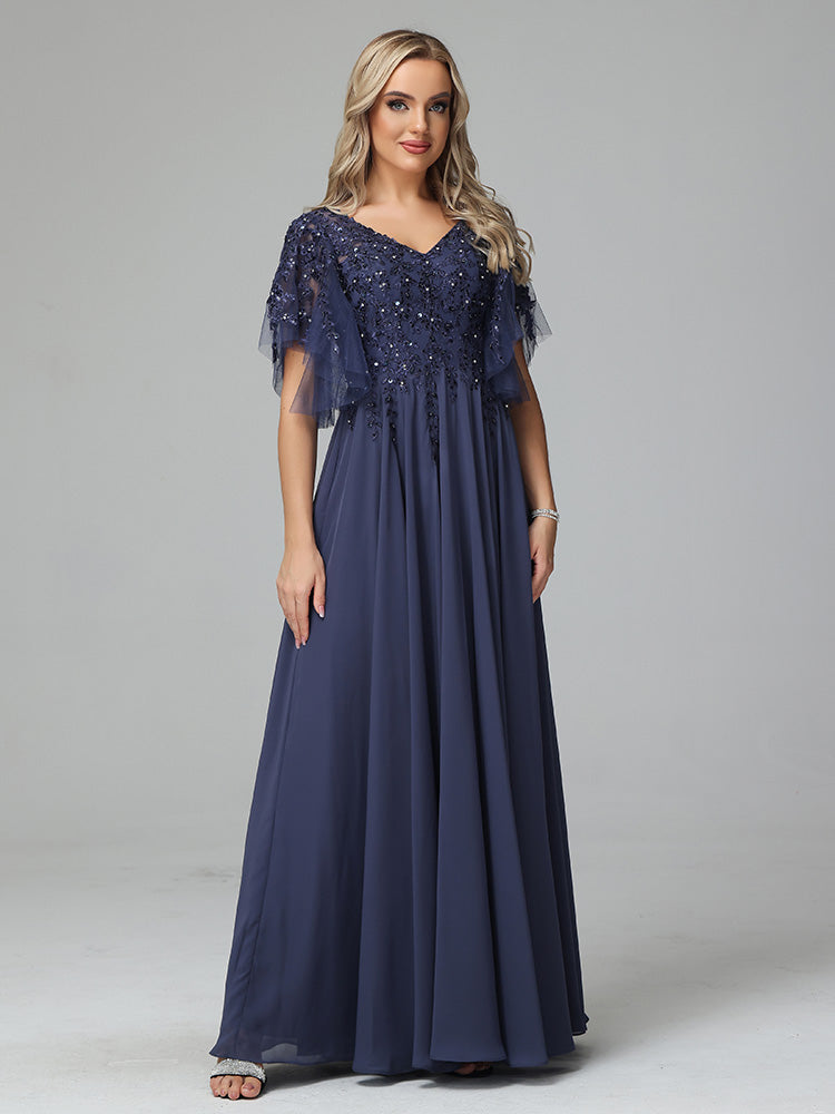 Short Sleeves V Neck Lace Appliques Chiffon Prom Dresses