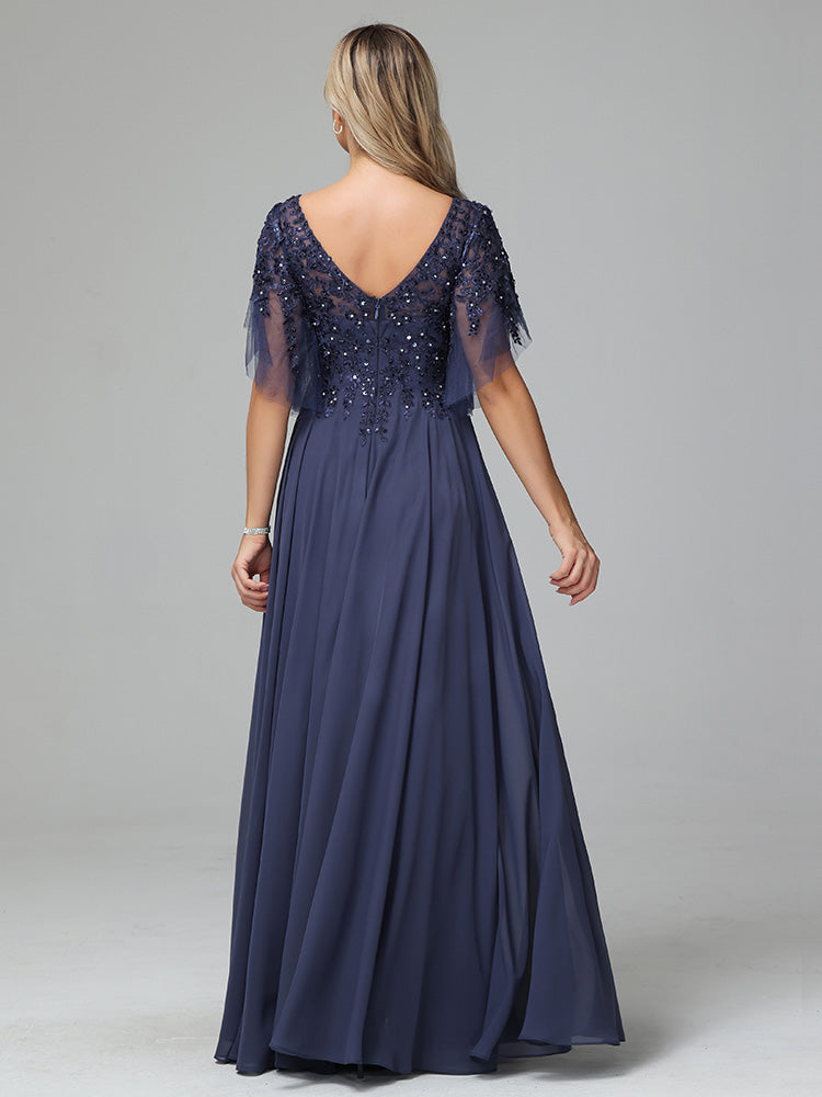 Short Sleeves V Neck Lace Appliques Chiffon Prom Dresses