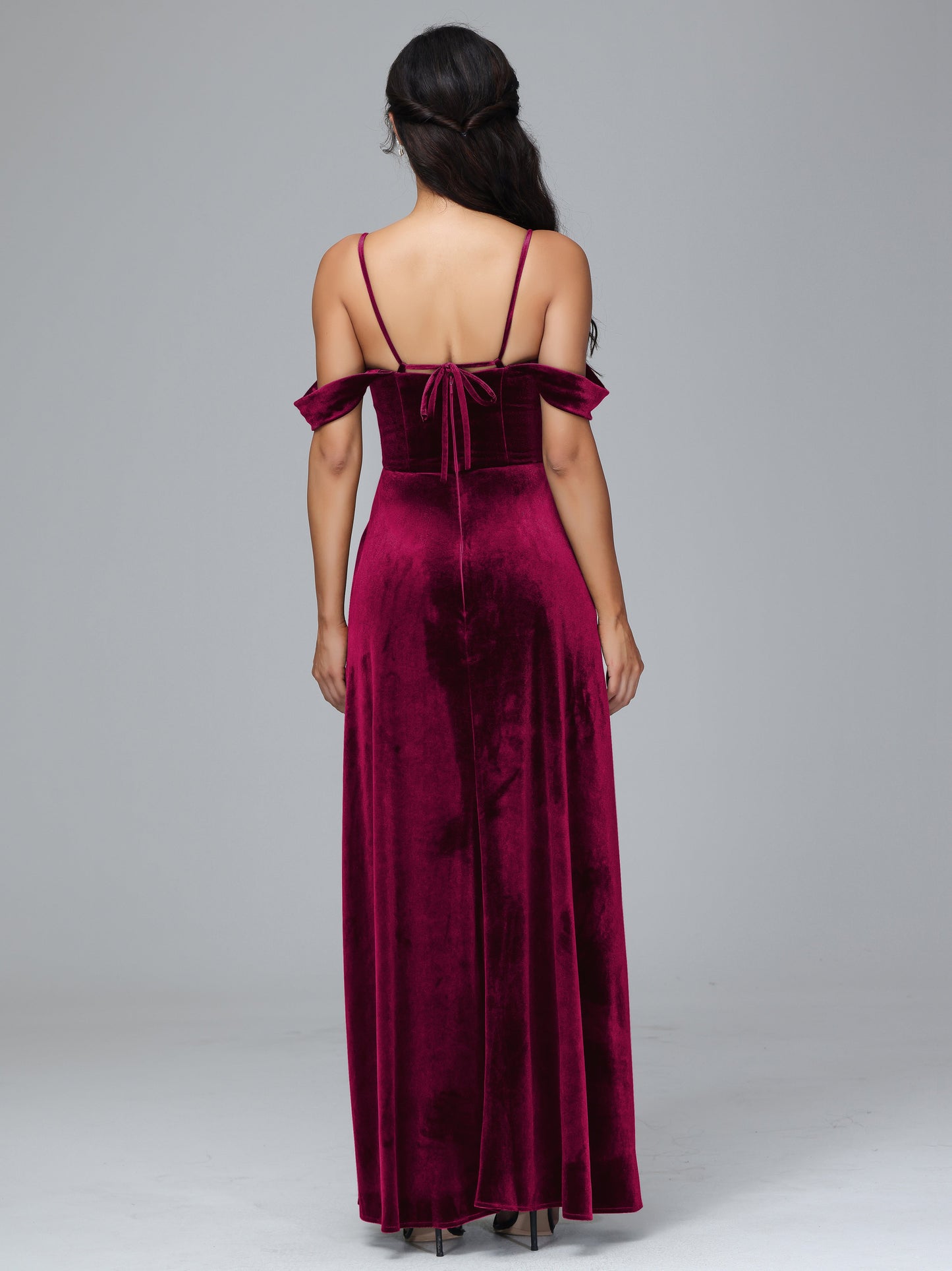 Spaghetti Straps Off Shoulder Plus Size Velvet Bridesmaid Dress With Slit