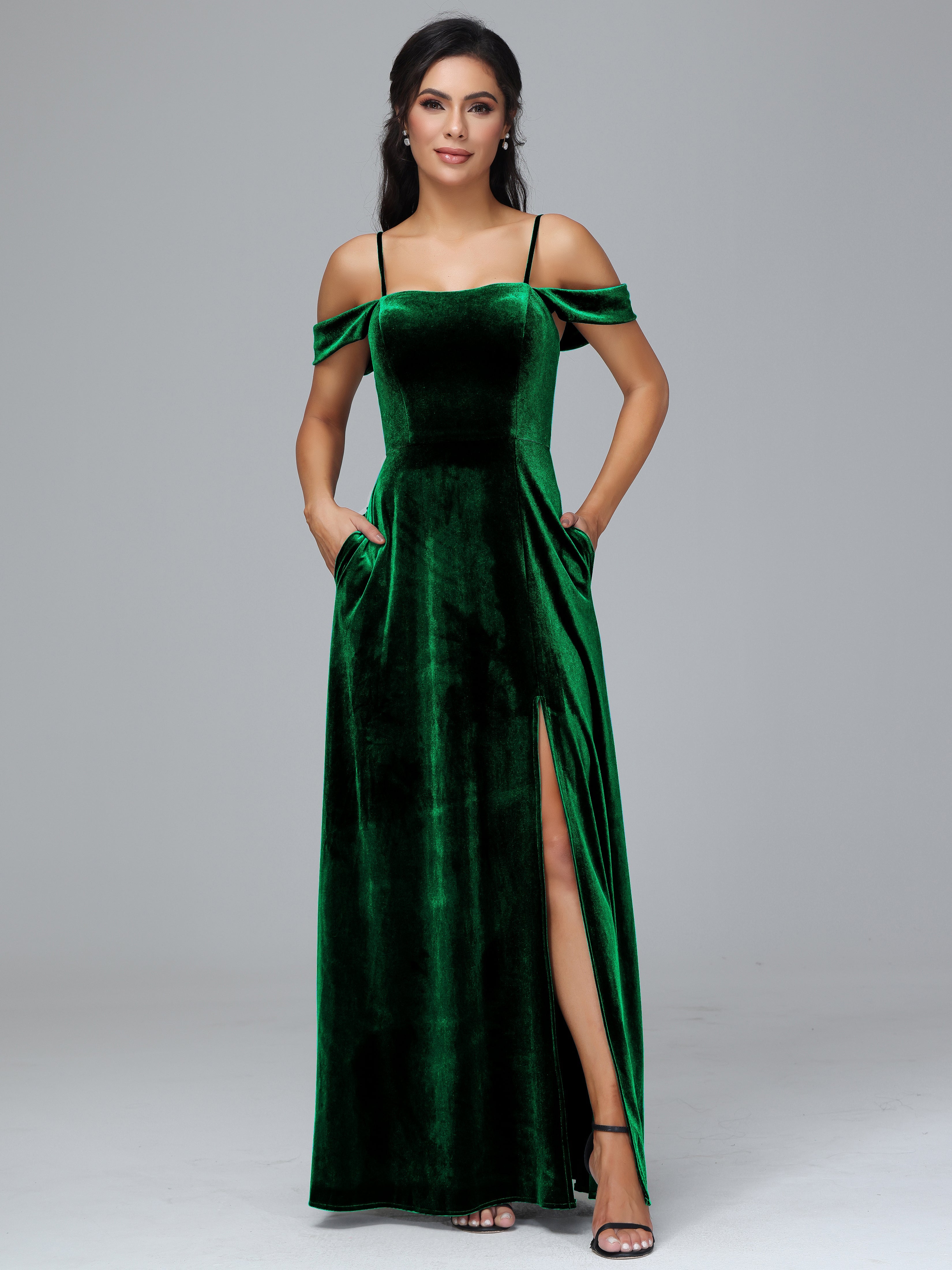 Spaghetti Straps Off Shoulder Plus Size Velvet Bridesmaid Dress With Slit, Dark_Green Spaghetti Straps Off Shoulder Plus Size Velvet Bridesmaid Dress With Slit, Dark_Green