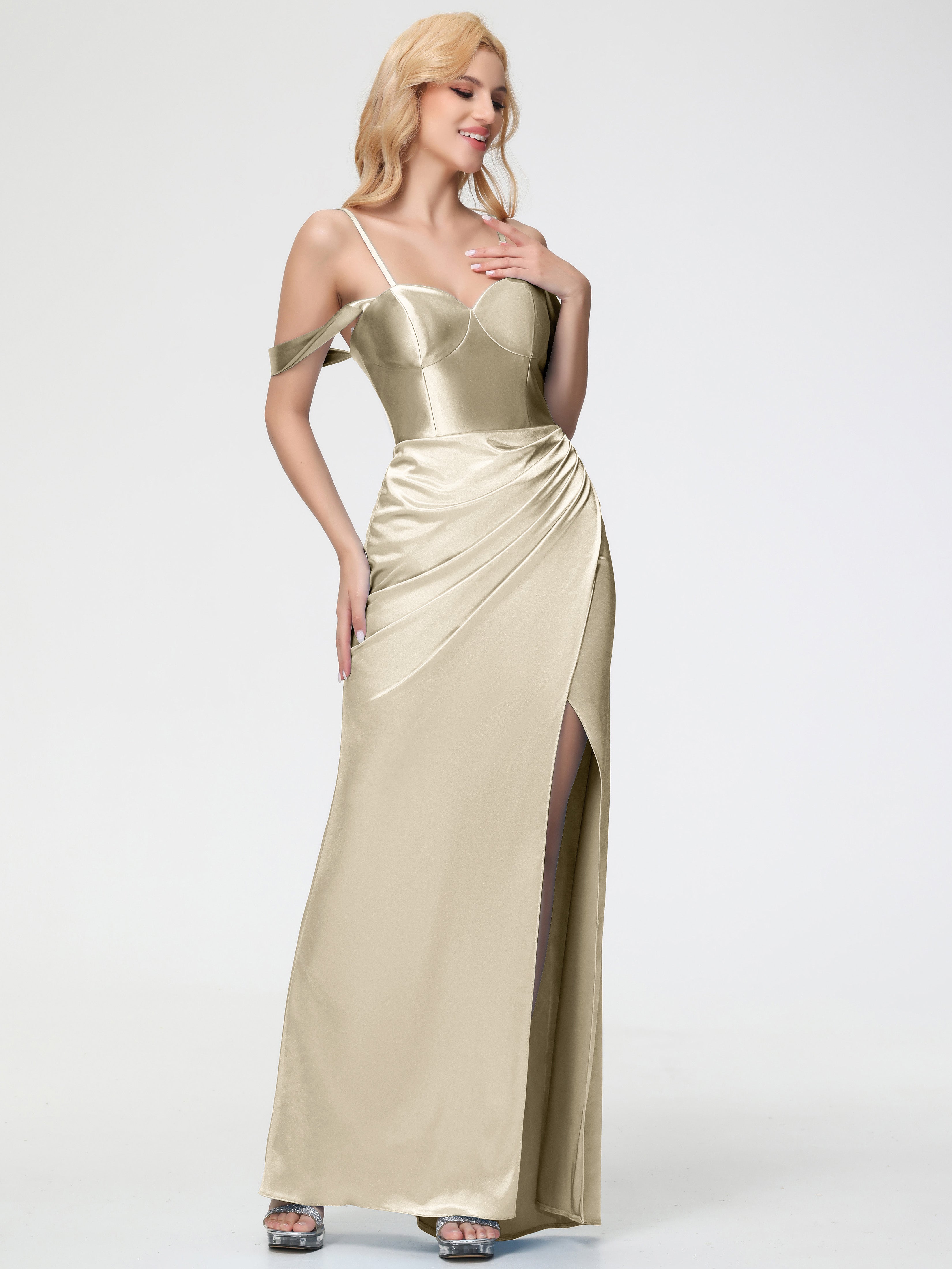 Champagne Color Formal Dresses Sheath/Column Off The Shoulder Removable Straps Stretch Satin Formal Dress With Slit Champagne Color Formal Dresses Sheath/Column Off The Shoulder Removable Straps Stretch Satin Formal Dress With Slit