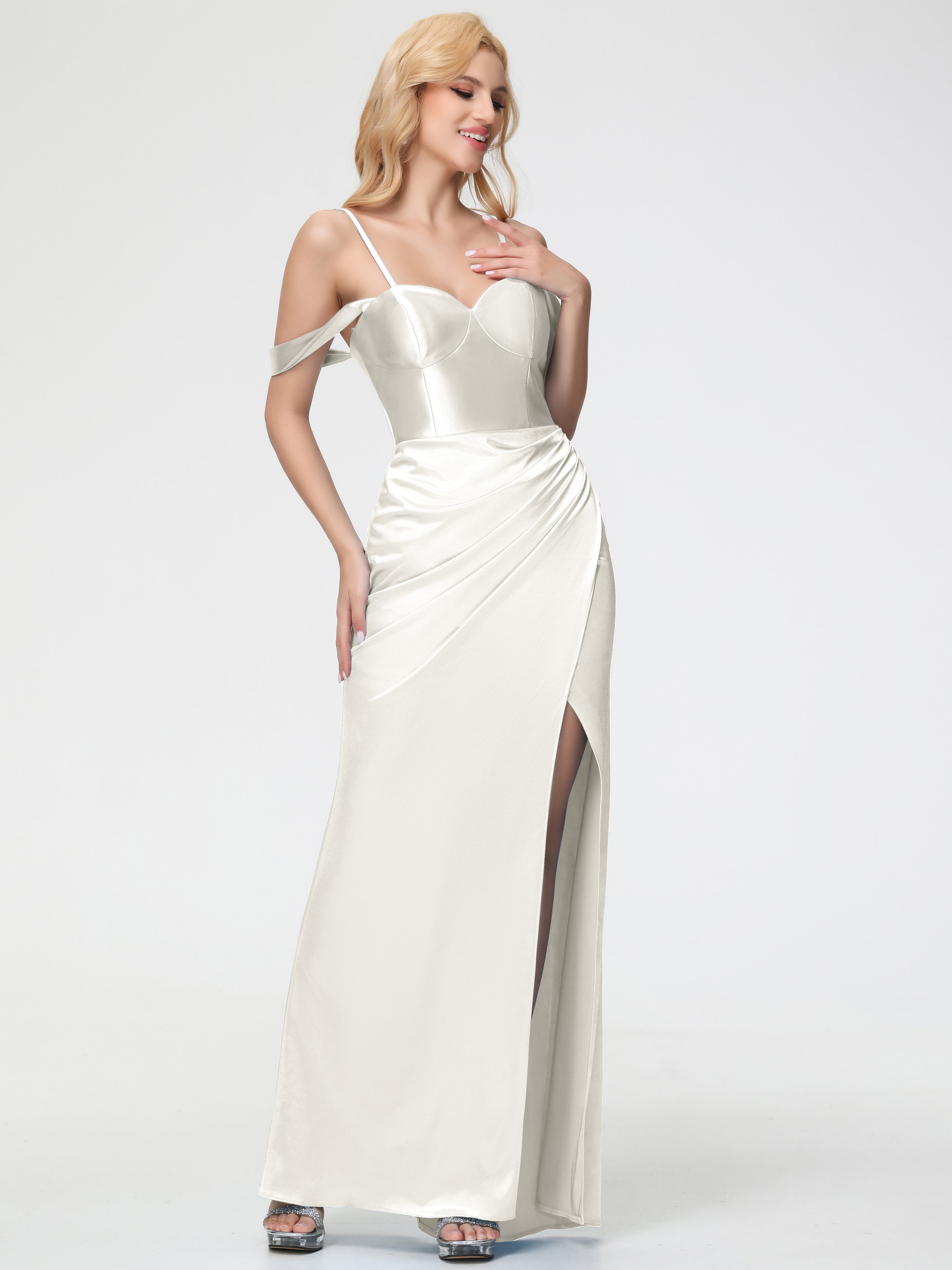 stretch satin formal dresses Nox Anabel H1671 Long Fitted Slit Detail Formal Prom Dress