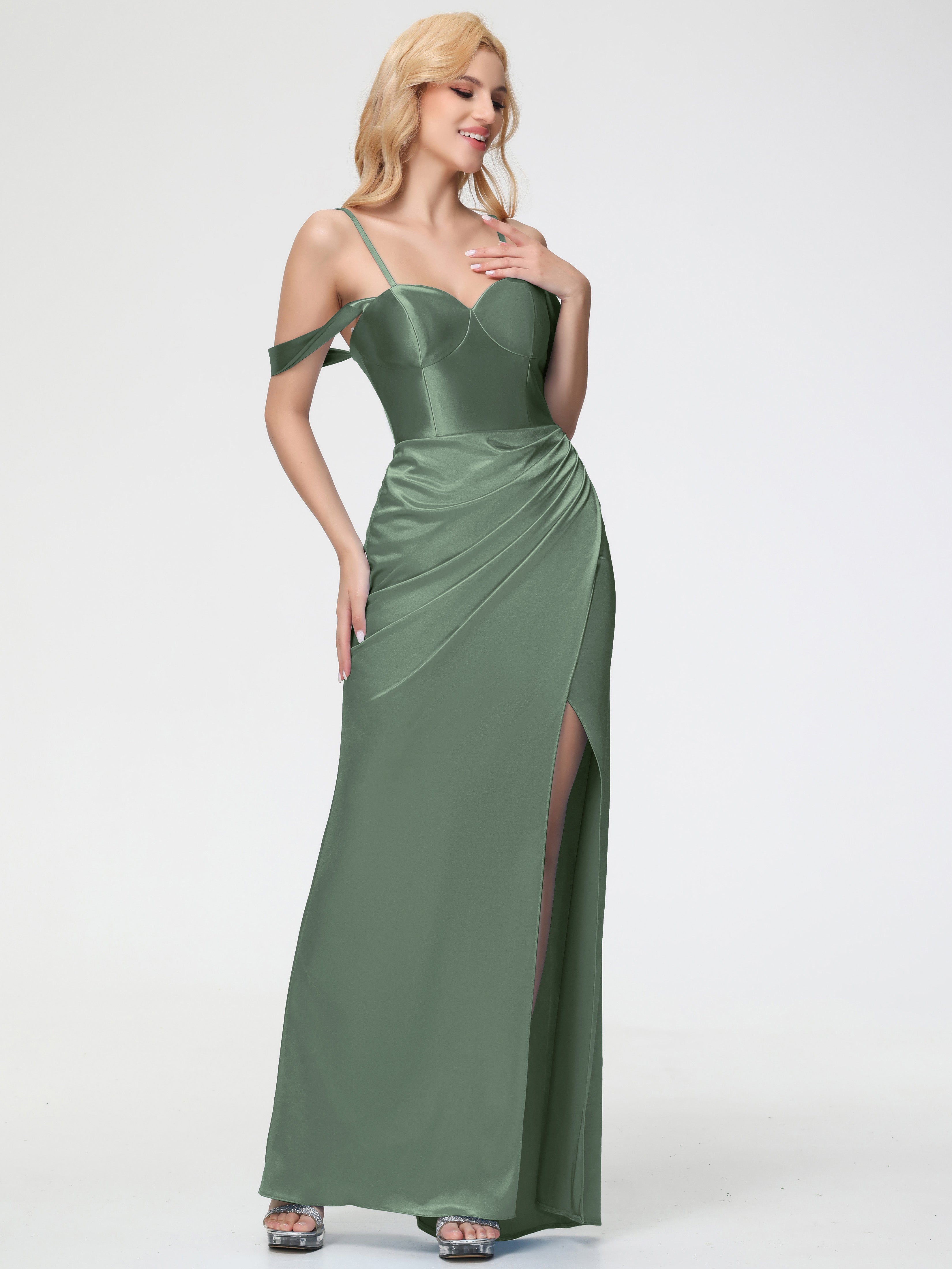 Olive Green Prom Dress Sheath/Column Off The Shoulder Removable Straps Stretch Satin Prom Dress With Slit Olive Green Prom Dress Sheath/Column Off The Shoulder Removable Straps Stretch Satin Prom Dress With Slit