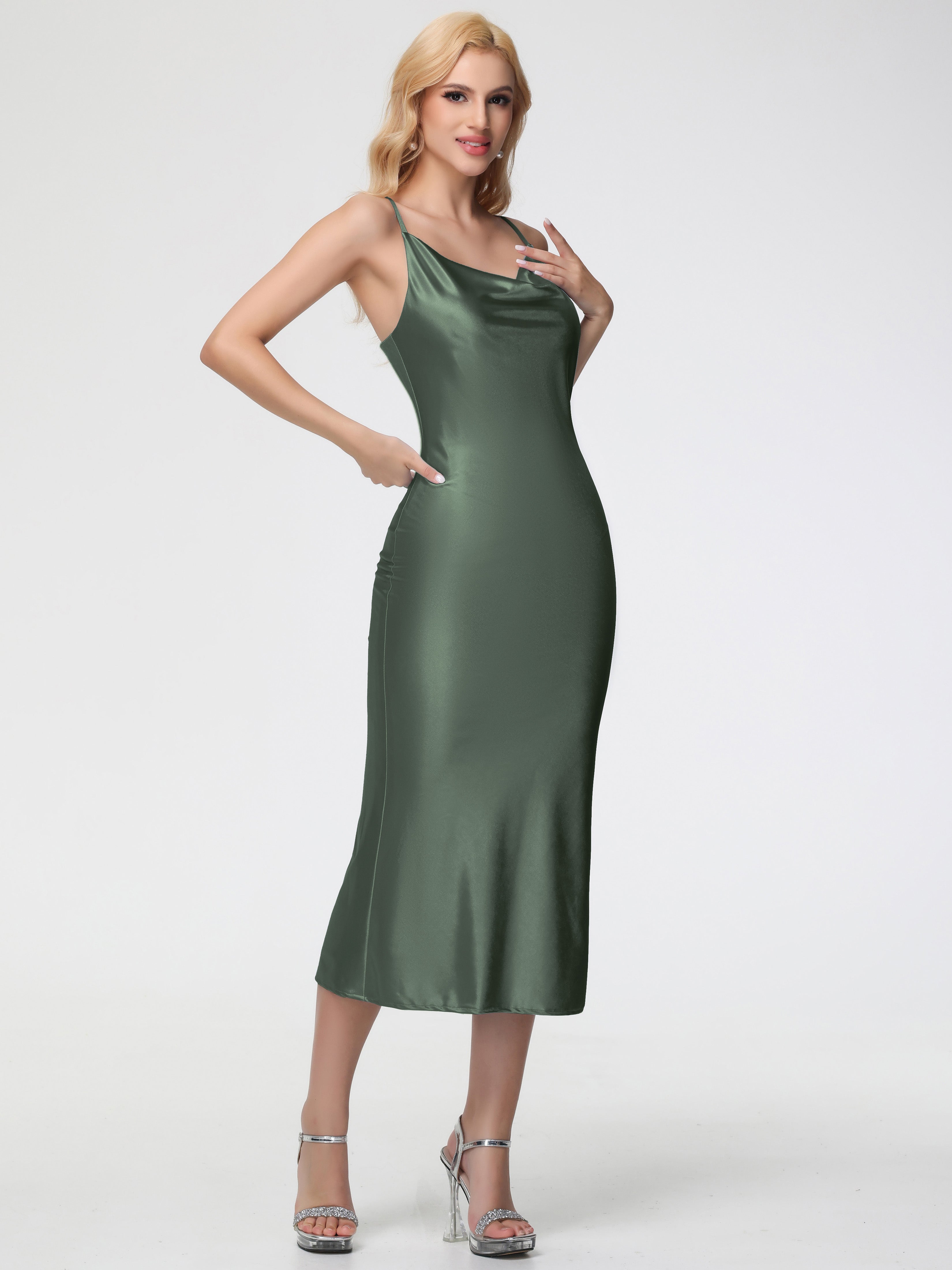 olive green midi bridesmaid dress Olive Green Midi Bridesmaid Dress Minimalist A Line Spaghetti Straps Sleeveless Stretch Satin Bridesmaid Dress