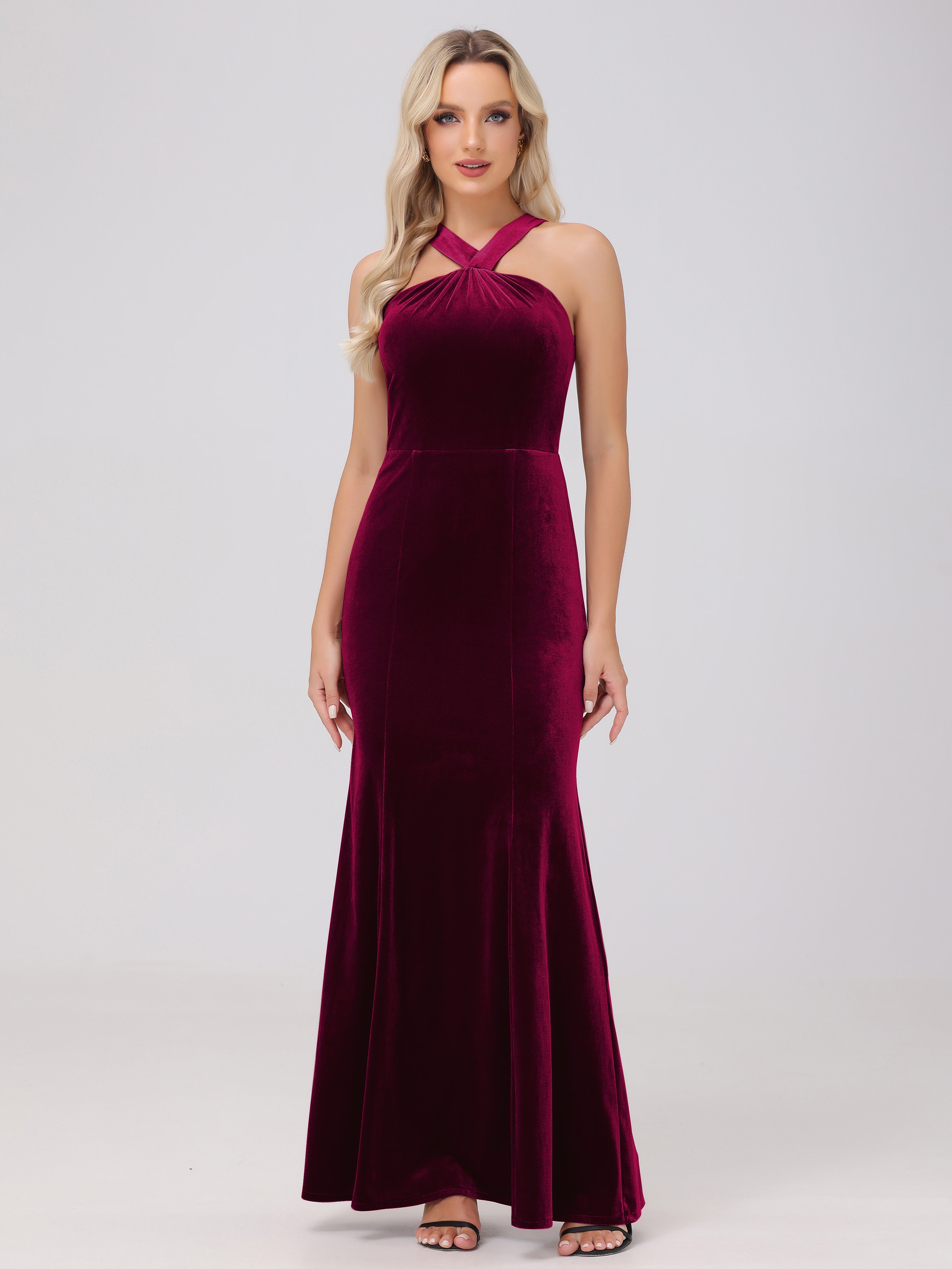 Sheath Halter Sleeveless Open Back Maxi Velvet Bridesmaid Dresses, Burgundy Sheath Halter Sleeveless Open Back Maxi Velvet Bridesmaid Dresses, Burgundy