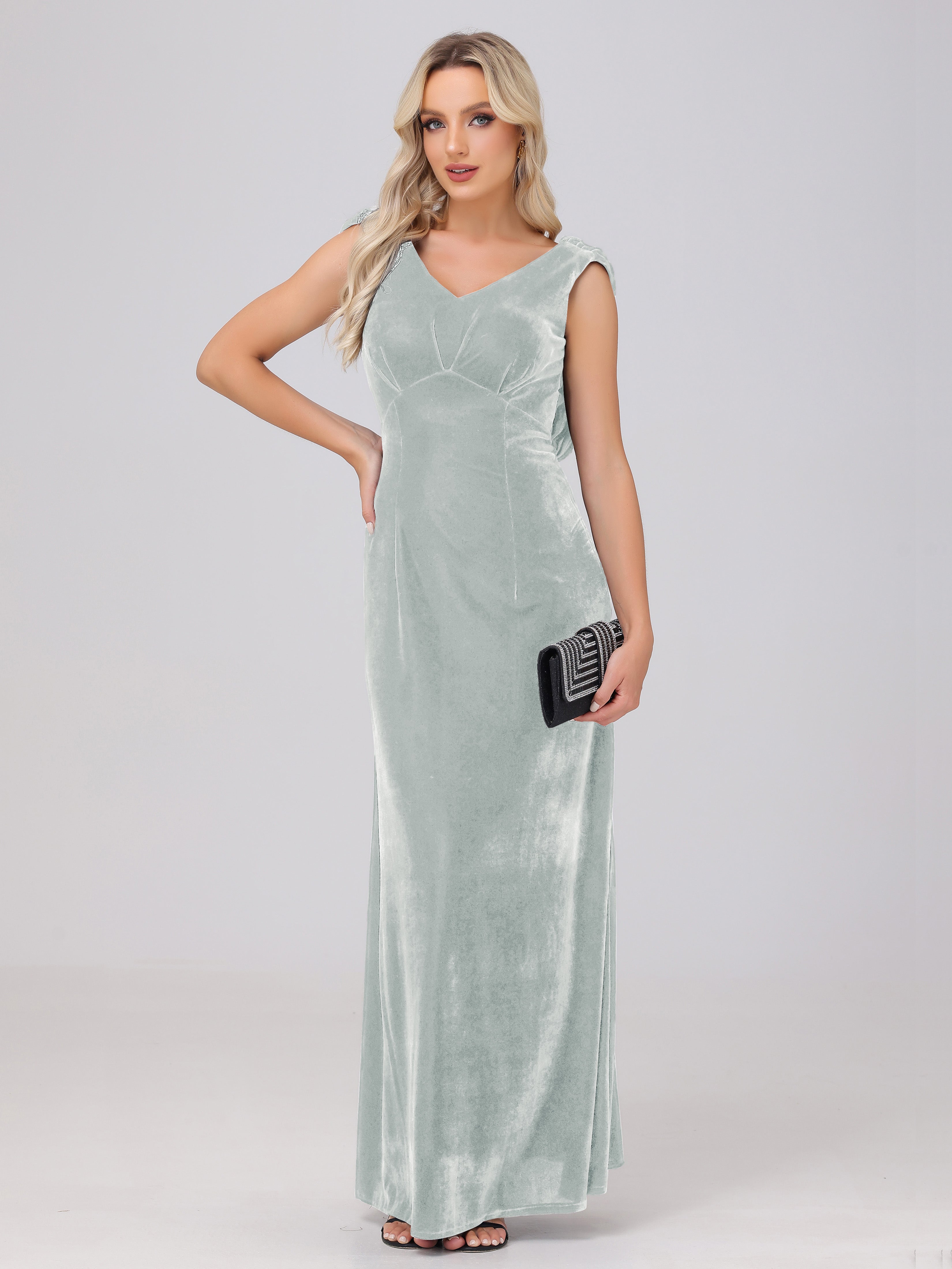 Sheath V-Neck High Waist Velvet Bridesmaid Dresses, Celadon Sheath V-Neck High Waist Velvet Bridesmaid Dresses, Celadon