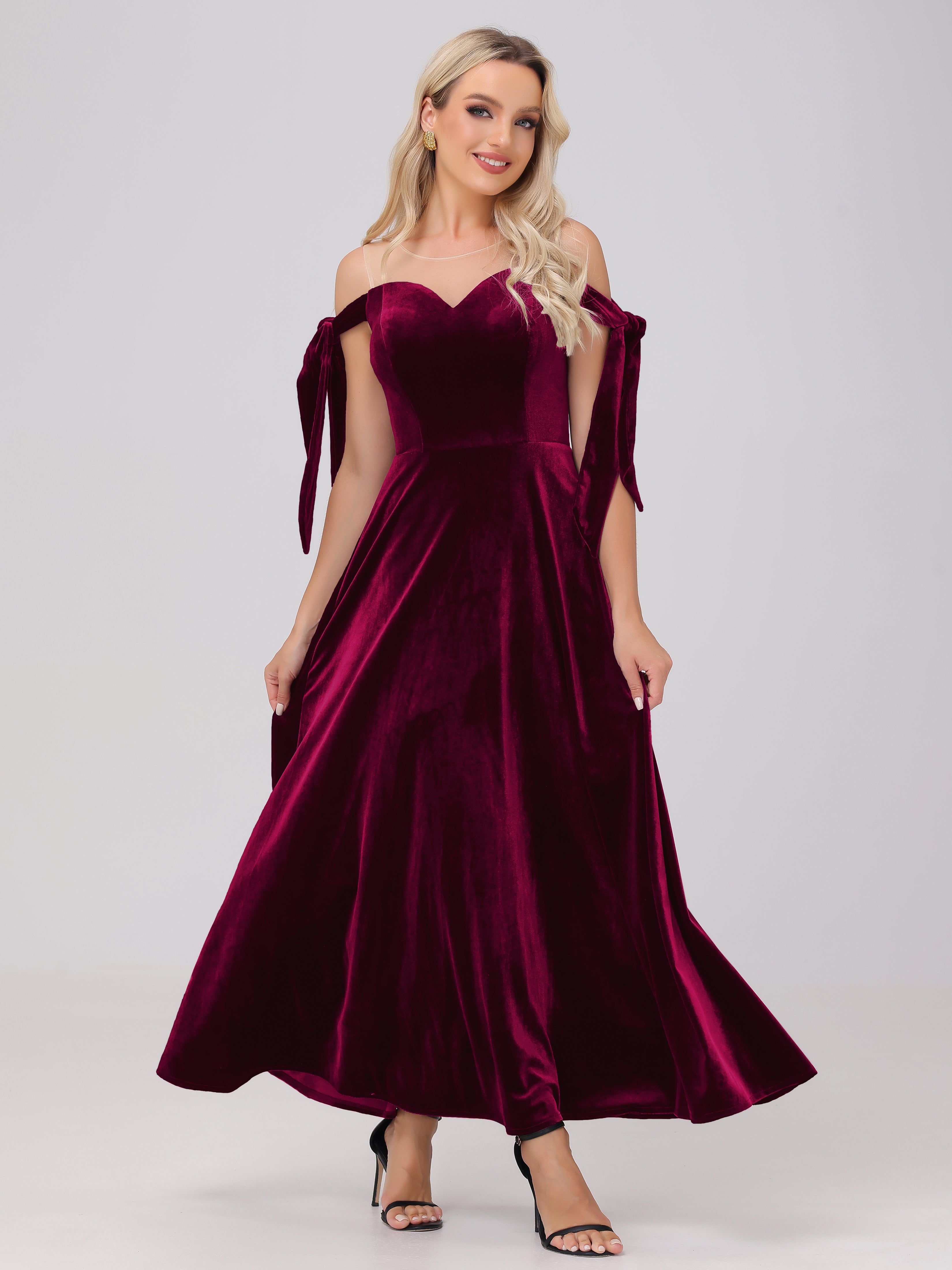 Sheer Neck Sweetheart Ankle Length Velvet Bridesmaid Dresses, Burgundy Sheer Neck Sweetheart Ankle Length Velvet Bridesmaid Dresses, Burgundy