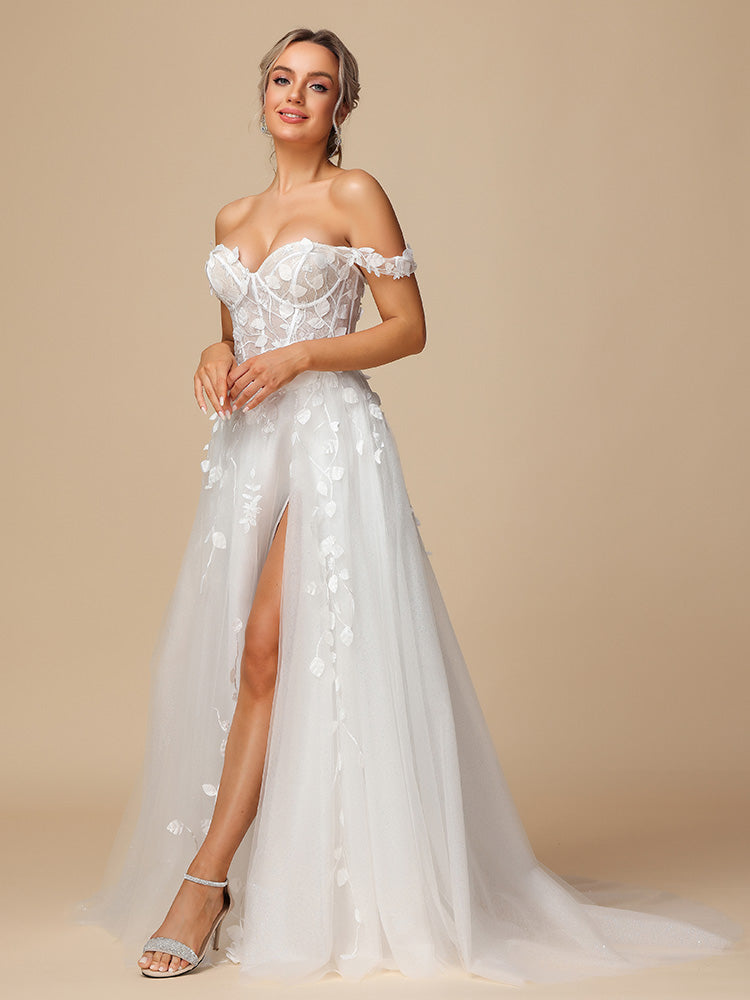 Off The Shoulder Lace Appliques Tulle Wedding Dress With Slit