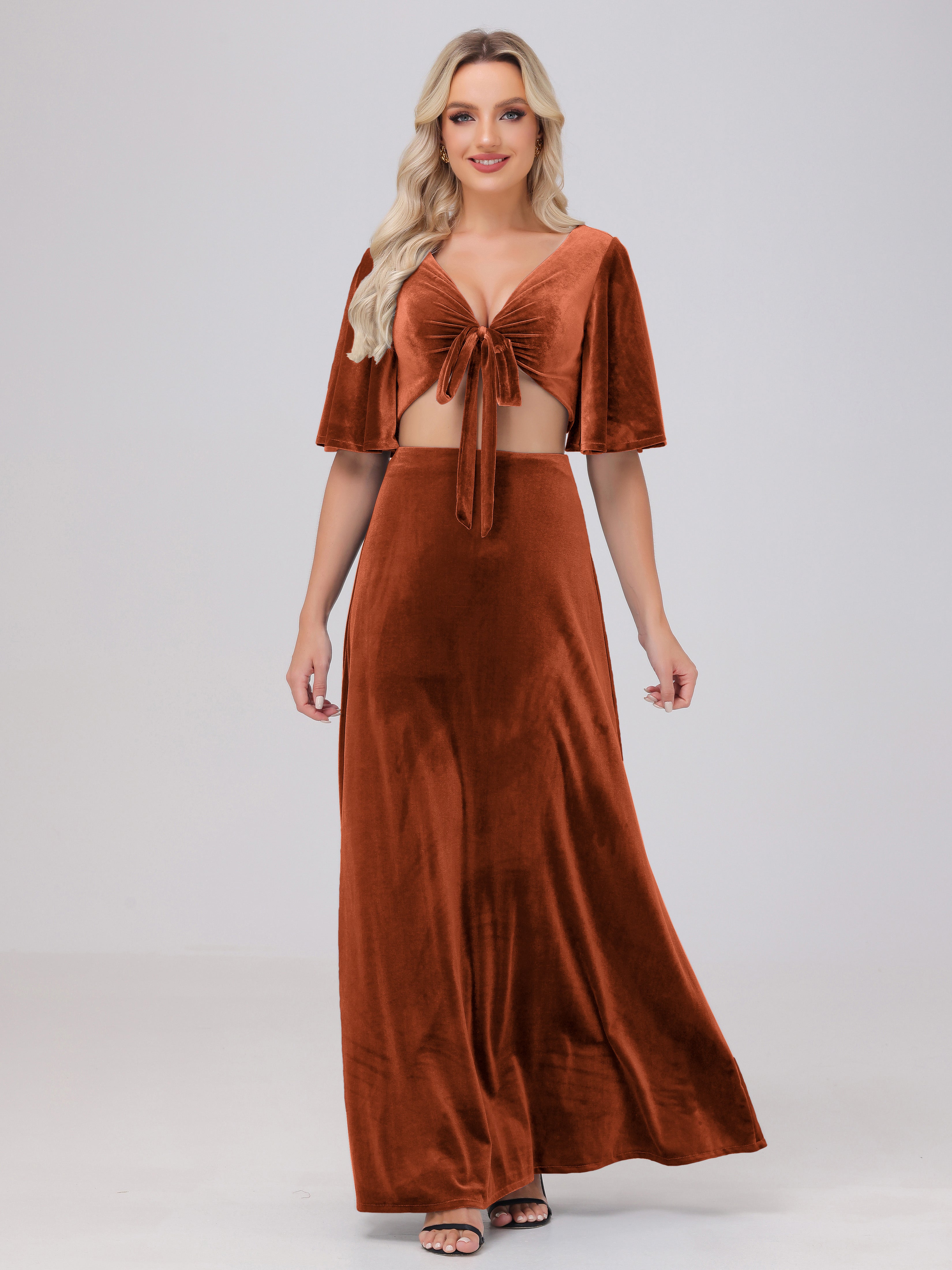 Short Sleeves Chest Tie A-line Velvet Bridesmaid Dresses, Burnt_Orange Short Sleeves Chest Tie A-line Velvet Bridesmaid Dresses, Burnt_Orange