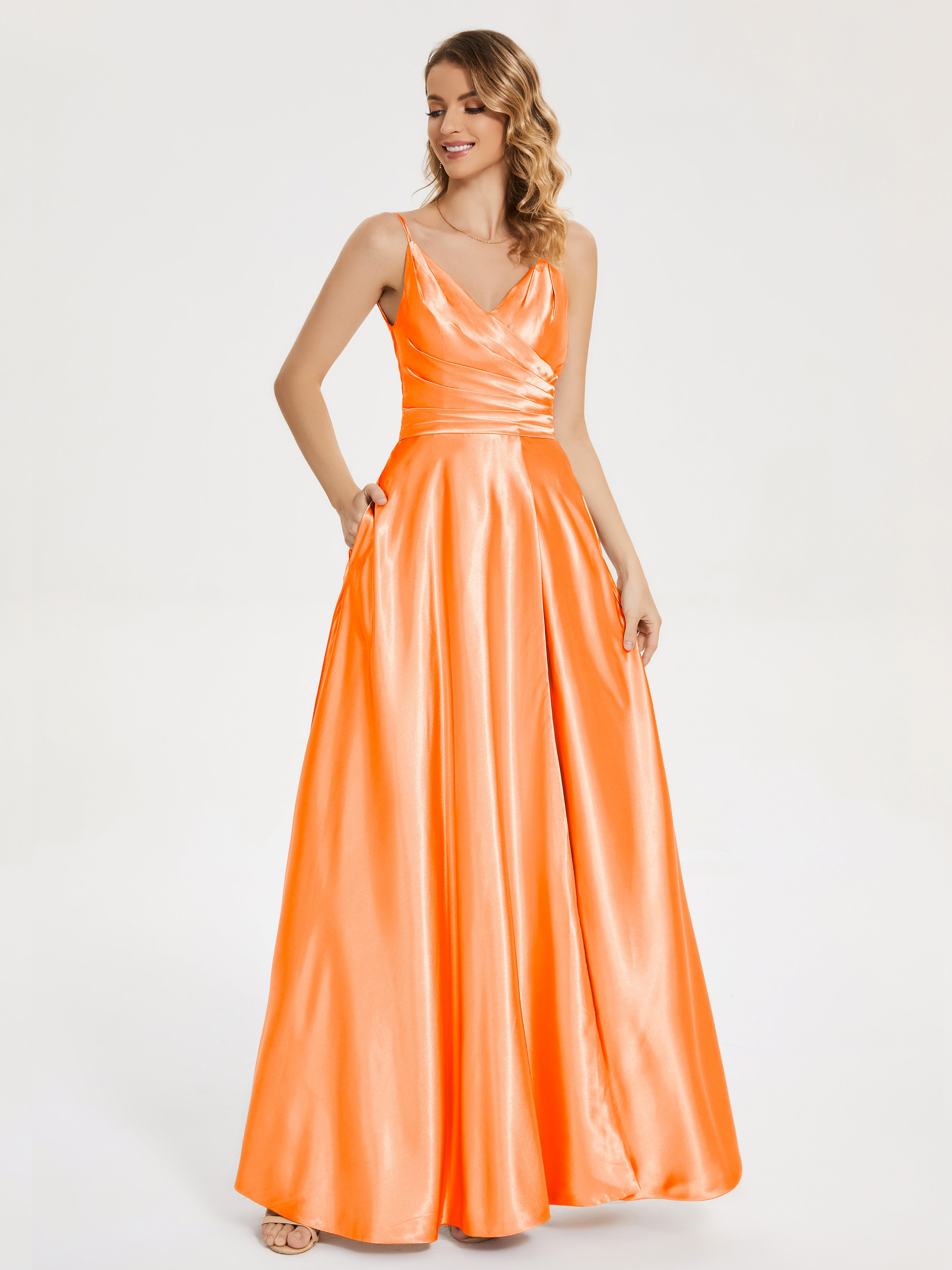 Side Slit V-neck Soft Satin Wedding Guest Dress