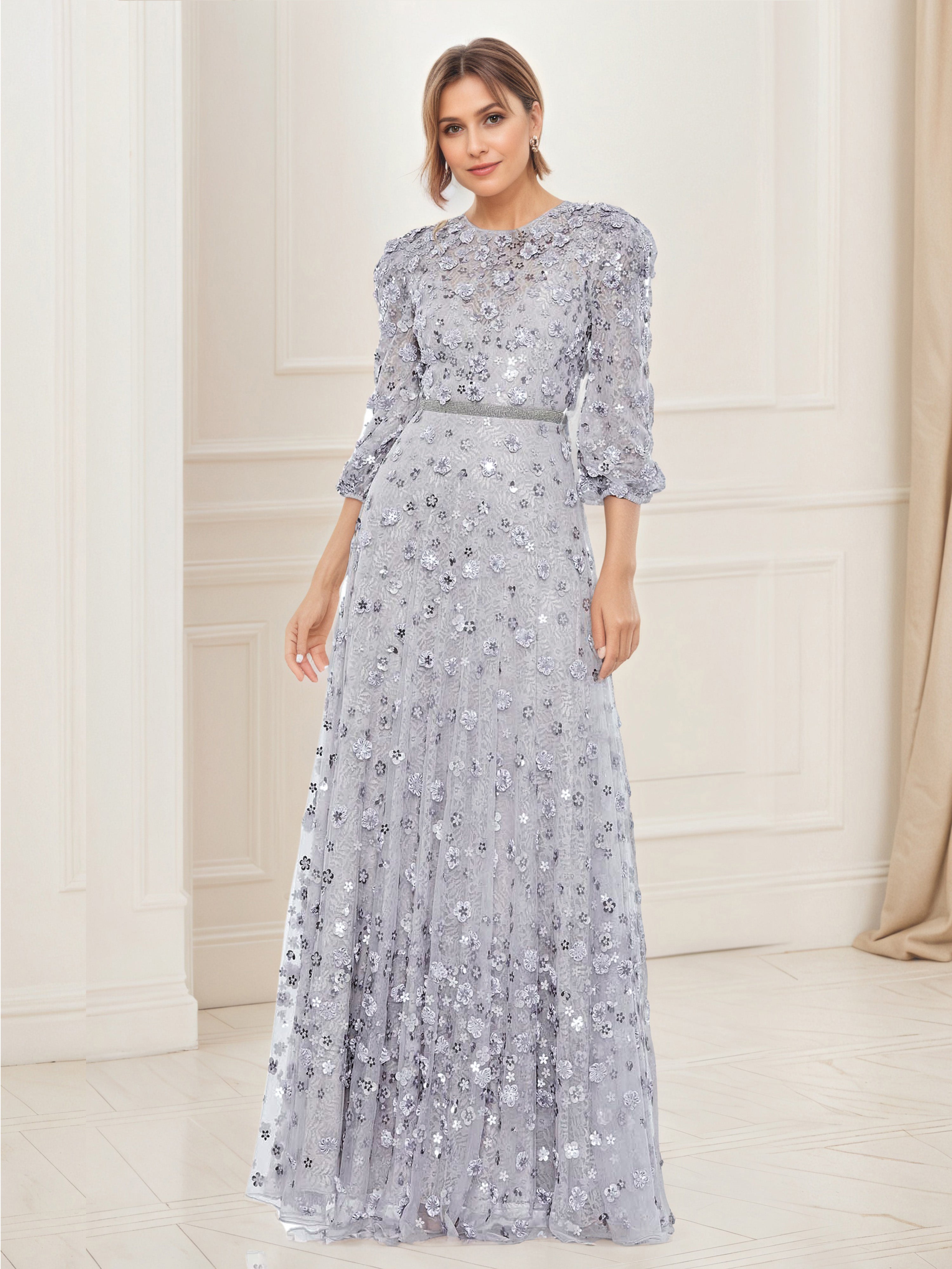 Silver Women's Dress Floral Appliques 3/4 Sleeve A-Line Mother Of Bride Dress Silver Women's Dress Floral Appliques 3/4 Sleeve A-Line Mother Of Bride Dress