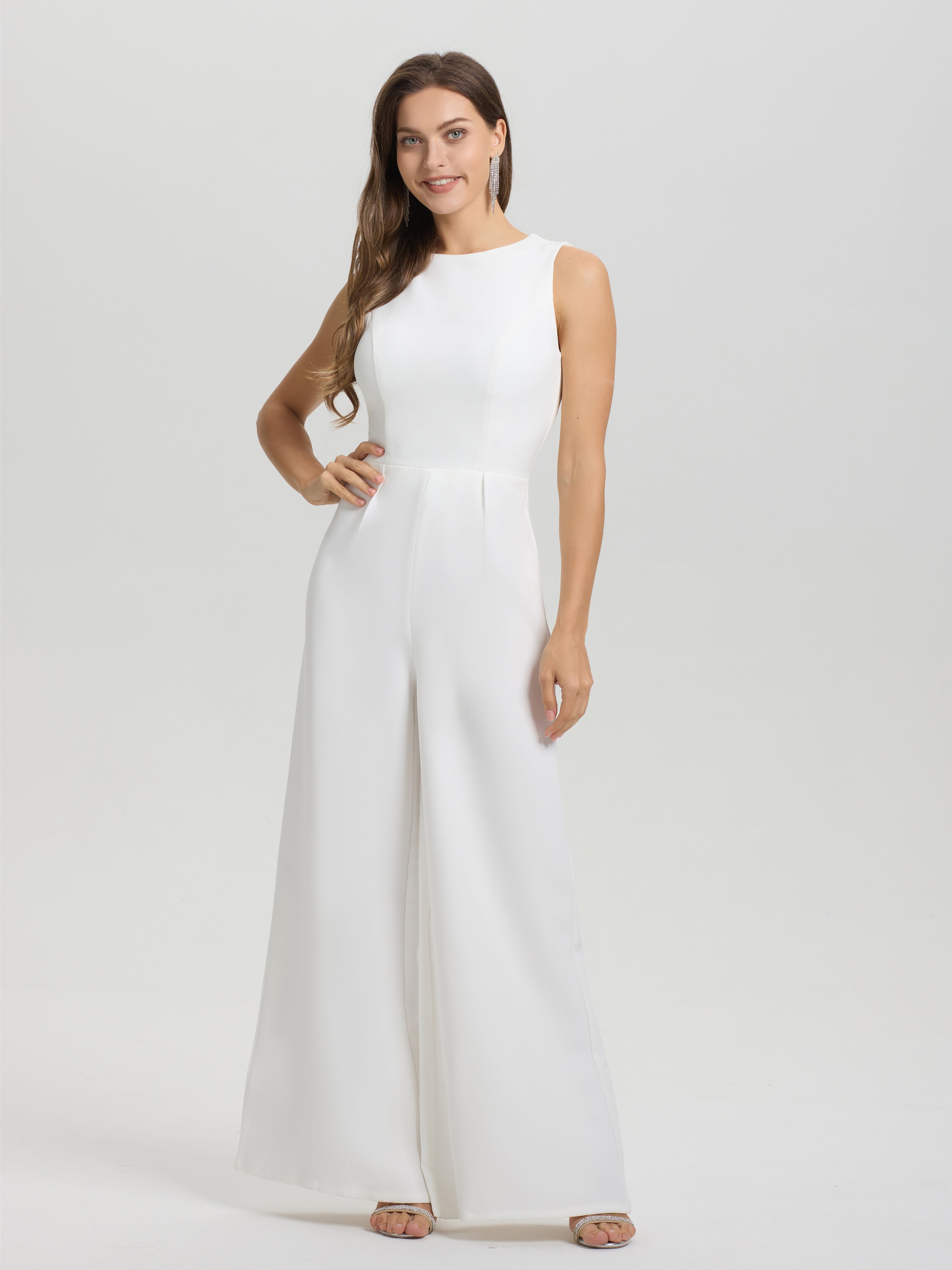 Solid Sleeveless Open Back Wide-Leg Wedding Jumpsuit/Pantsuit Solid Sleeveless Open Back Wide-Leg Wedding Jumpsuit/Pantsuit