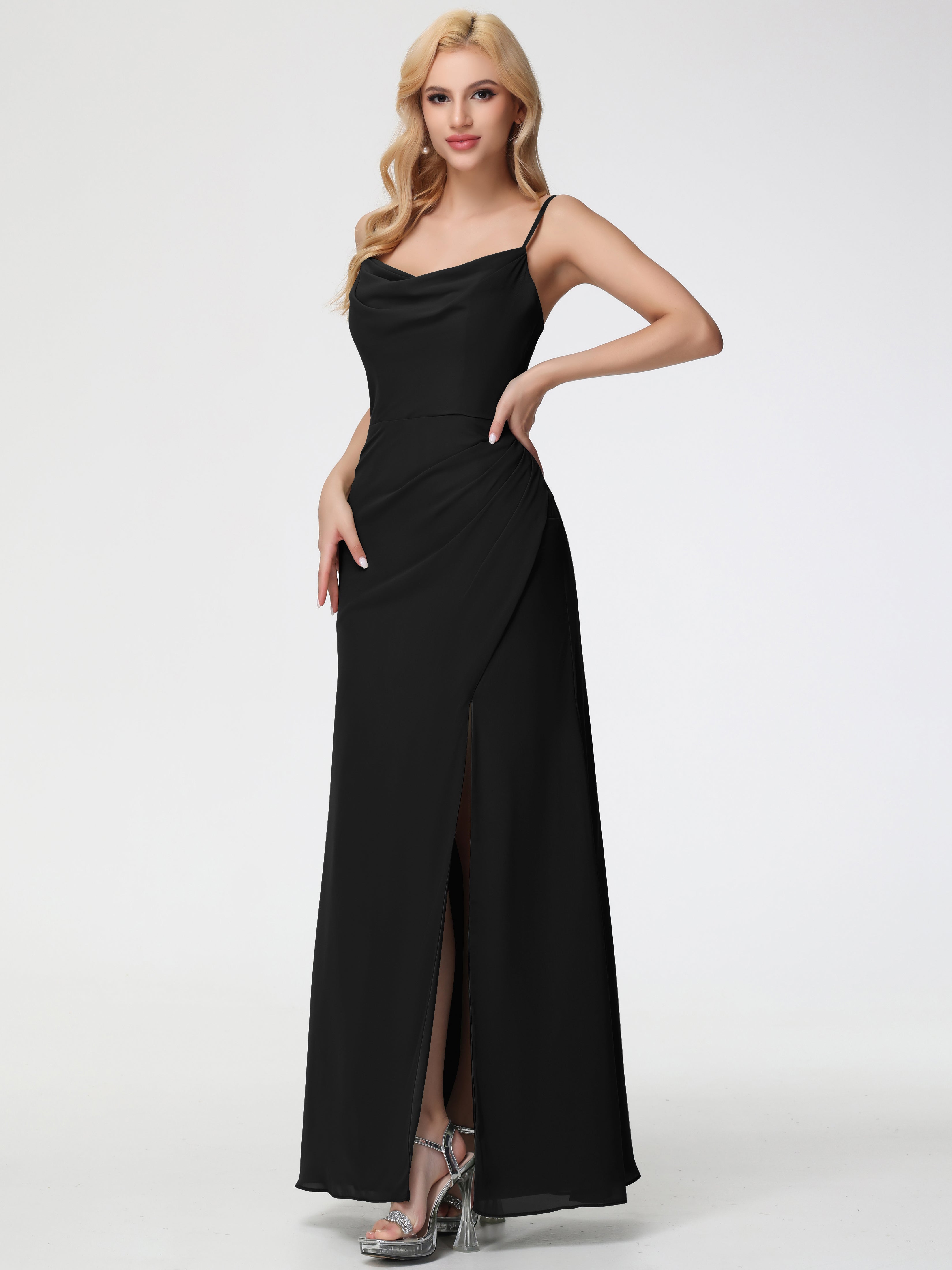 Black Bridesmaid Dresses Spaghetti Straps Cowl Neck Sheath/Coulmn Ruched Floor Length Chiffon Bridesmaid Dress With Slit Black Bridesmaid Dresses Spaghetti Straps Cowl Neck Sheath/Coulmn Ruched Floor Length Chiffon Bridesmaid Dress With Slit