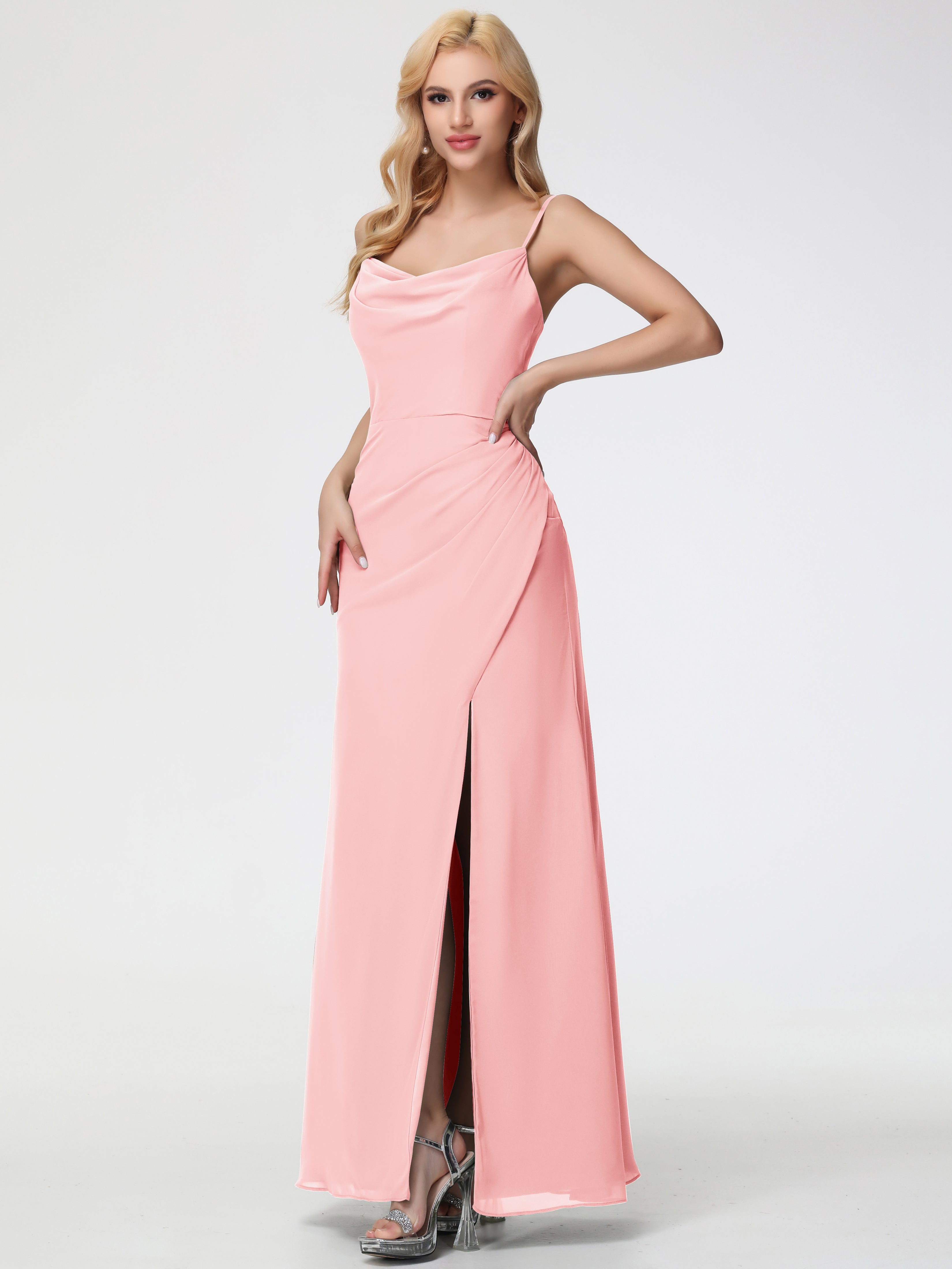 blush dresses for women Blush Bridesmaid Dresses Spaghetti Straps Cowl Neck Sheath/Coulmn Ruched Floor Length Chiffon Bridesmaid Dress With Slit