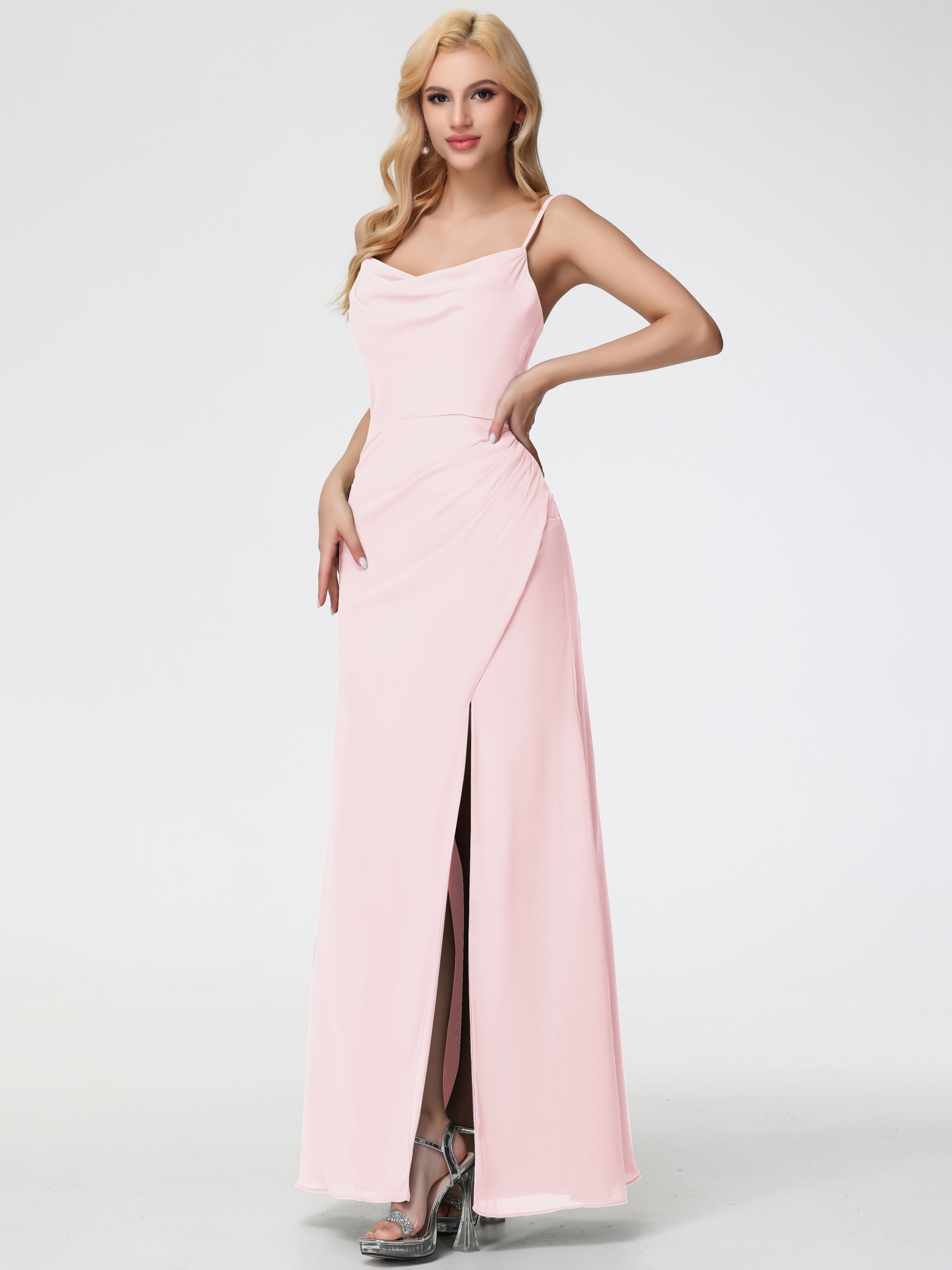 Blush Pink Bridesmaid Dresses Spaghetti Straps Cowl Neck Sheath/Coulmn Ruched Floor Length Chiffon Bridesmaid Dress With Slit Blush Pink Bridesmaid Dresses Spaghetti Straps Cowl Neck Sheath/Coulmn Ruched Floor Length Chiffon Bridesmaid Dress With Slit