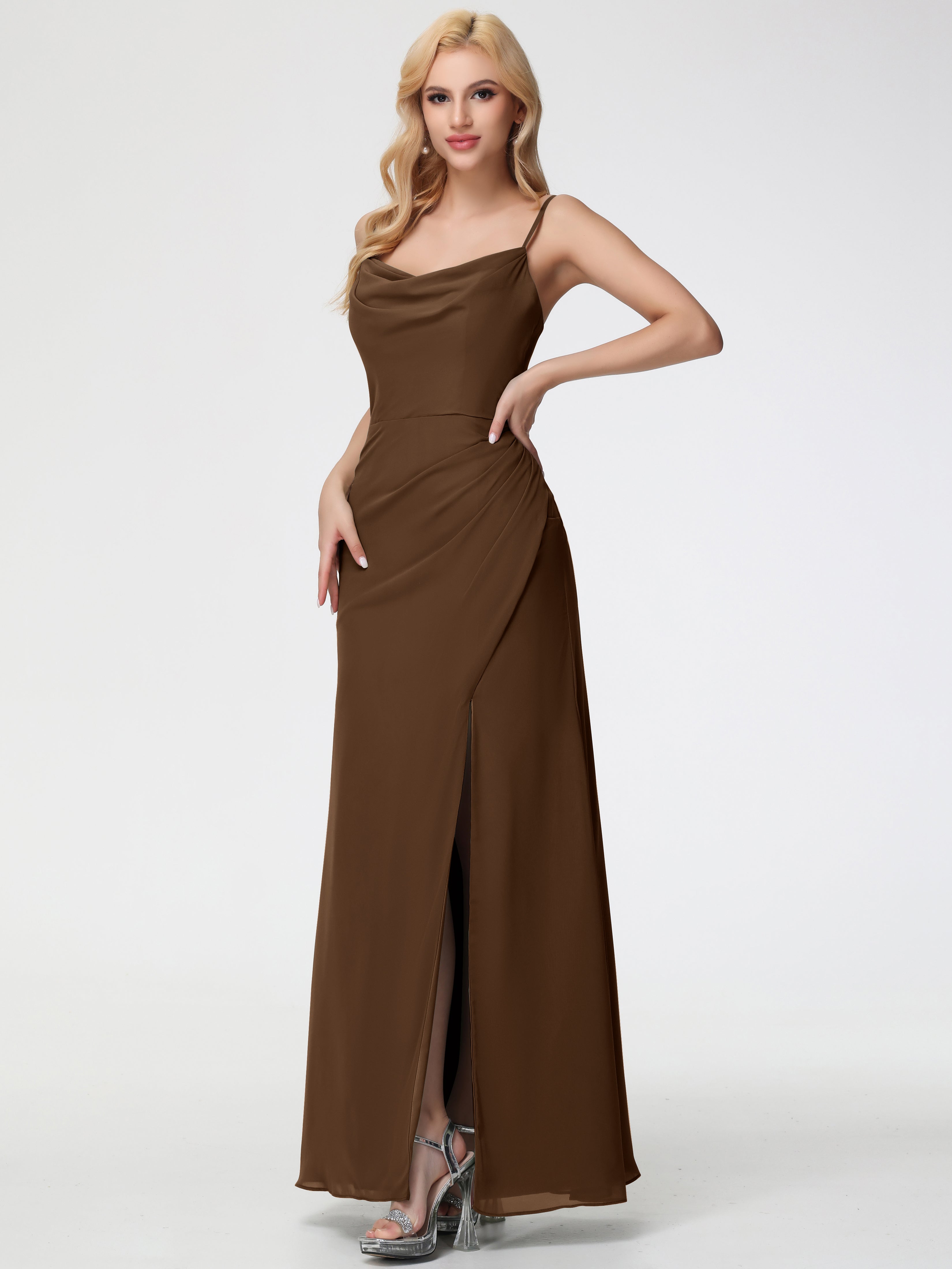 Brown Bridesmaid Dresses Spaghetti Straps Cowl Neck Sheath/Coulmn Ruched Floor Length Chiffon Bridesmaid Dress With Slit Brown Bridesmaid Dresses Spaghetti Straps Cowl Neck Sheath/Coulmn Ruched Floor Length Chiffon Bridesmaid Dress With Slit