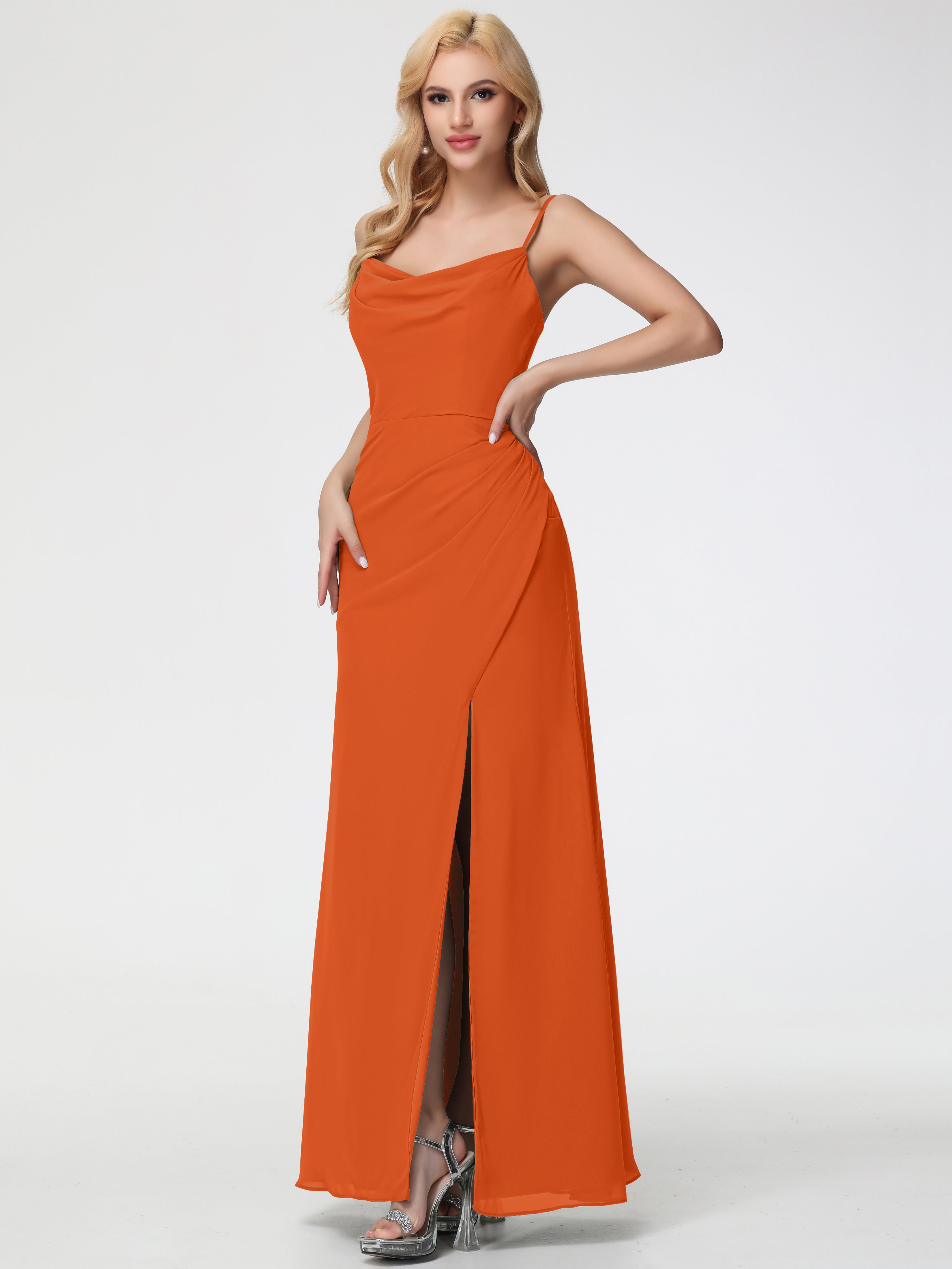 Burnt Orange Bridesmaid Dresses Spaghetti Straps Cowl Neck Sheath/Coulmn Ruched Floor Length Chiffon Bridesmaid Dress with Slit Burnt Orange Bridesmaid Dresses Spaghetti Straps Cowl Neck Sheath/Coulmn Ruched Floor Length Chiffon Bridesmaid Dress with Slit