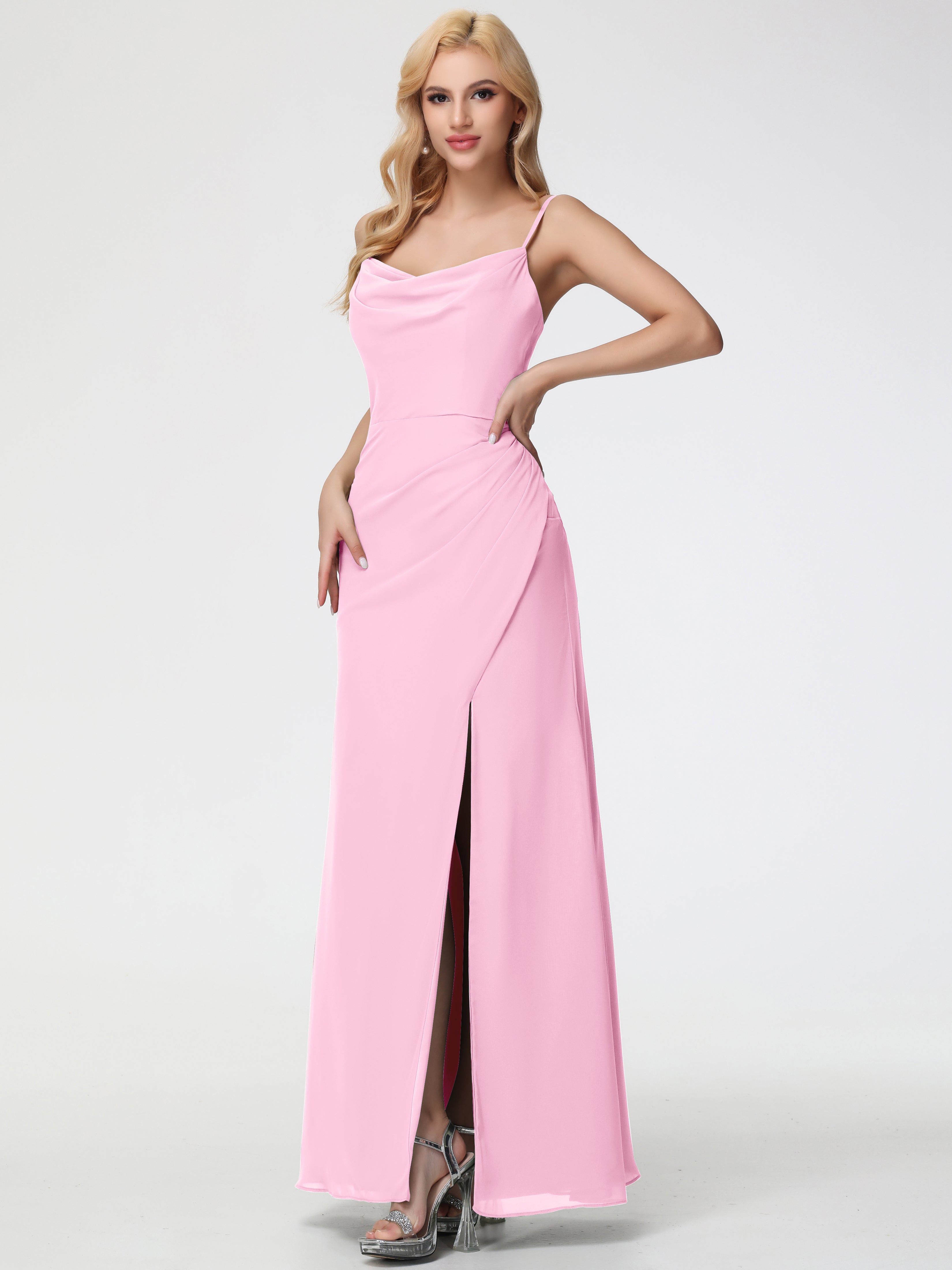 Candy Pink Bridesmaid Dresses Spaghetti Straps Cowl Neck Sheath/Coulmn Ruched Floor Length Chiffon Bridesmaid Dress With Slit Candy Pink Bridesmaid Dresses Spaghetti Straps Cowl Neck Sheath/Coulmn Ruched Floor Length Chiffon Bridesmaid Dress With Slit