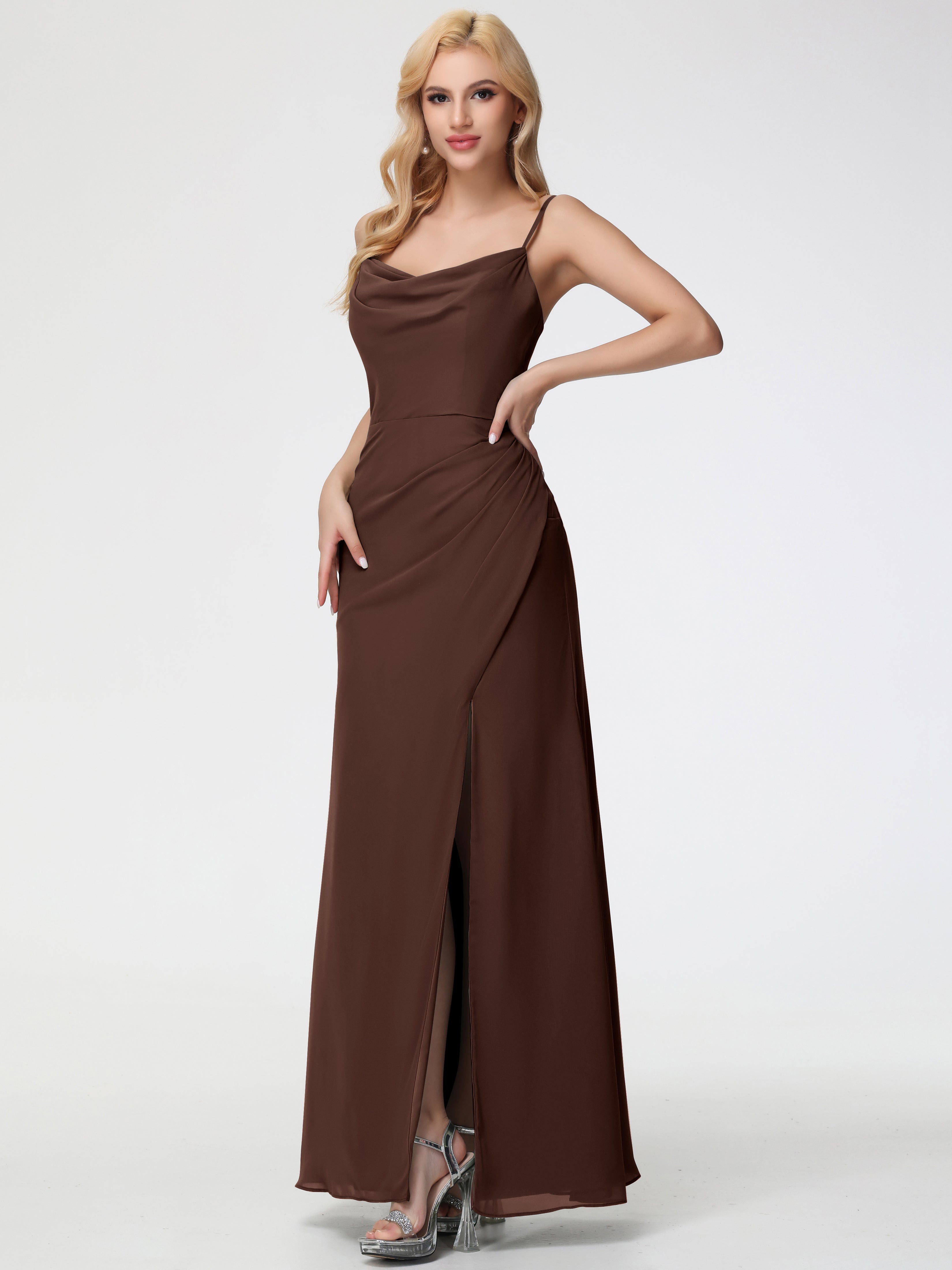Chocolate Bridesmaid Dresses Spaghetti Straps Cowl Neck Sheath/Coulmn Ruched Floor Length Chiffon Bridesmaid Dress With Slit Chocolate Bridesmaid Dresses Spaghetti Straps Cowl Neck Sheath/Coulmn Ruched Floor Length Chiffon Bridesmaid Dress With Slit