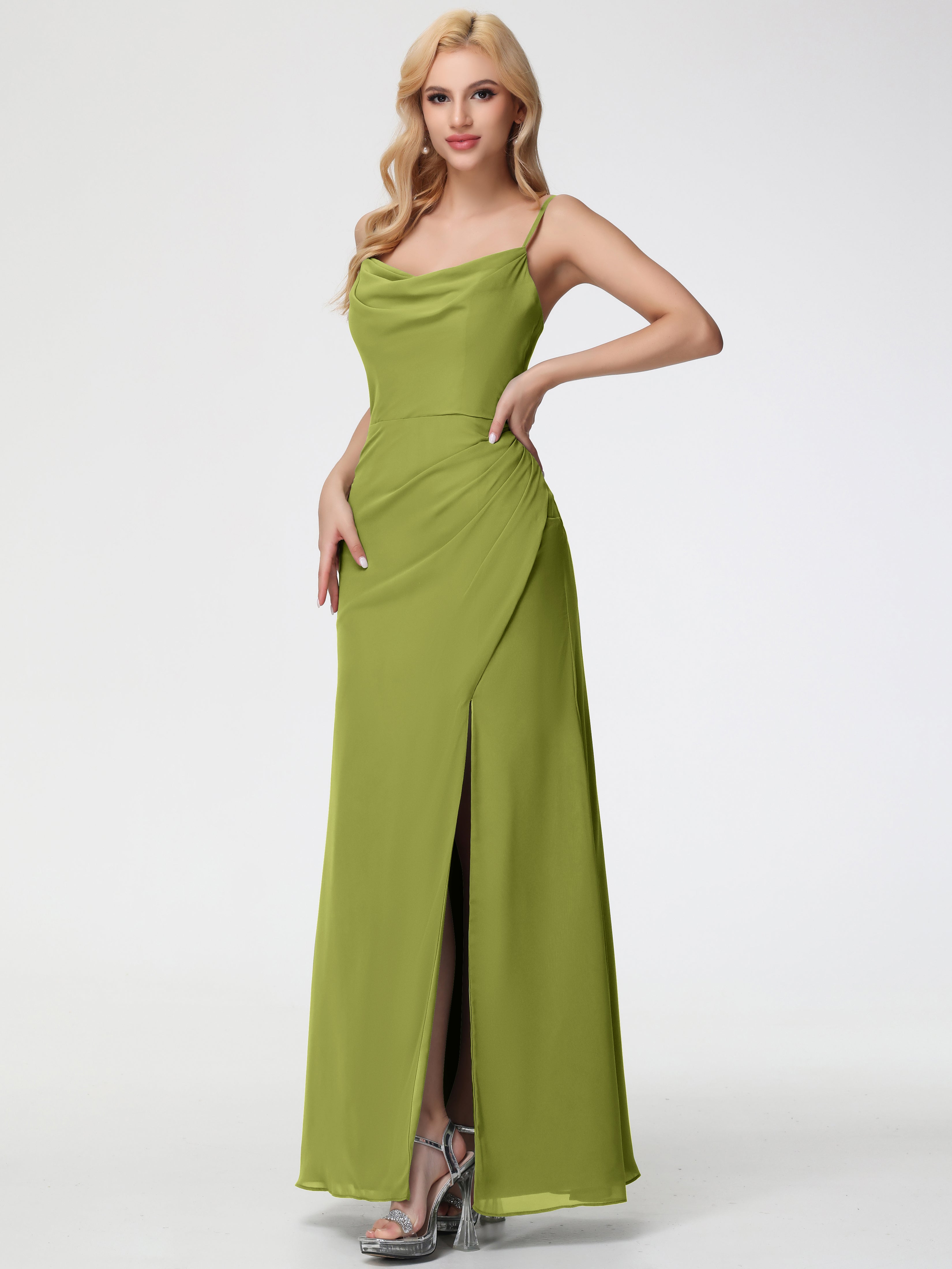 Clover Bridesmaid Dress Spaghetti Straps Cowl Neck Sheath/Coulmn Ruched Floor Length Chiffon Bridesmaid Dress With Slit Clover Bridesmaid Dress Spaghetti Straps Cowl Neck Sheath/Coulmn Ruched Floor Length Chiffon Bridesmaid Dress With Slit