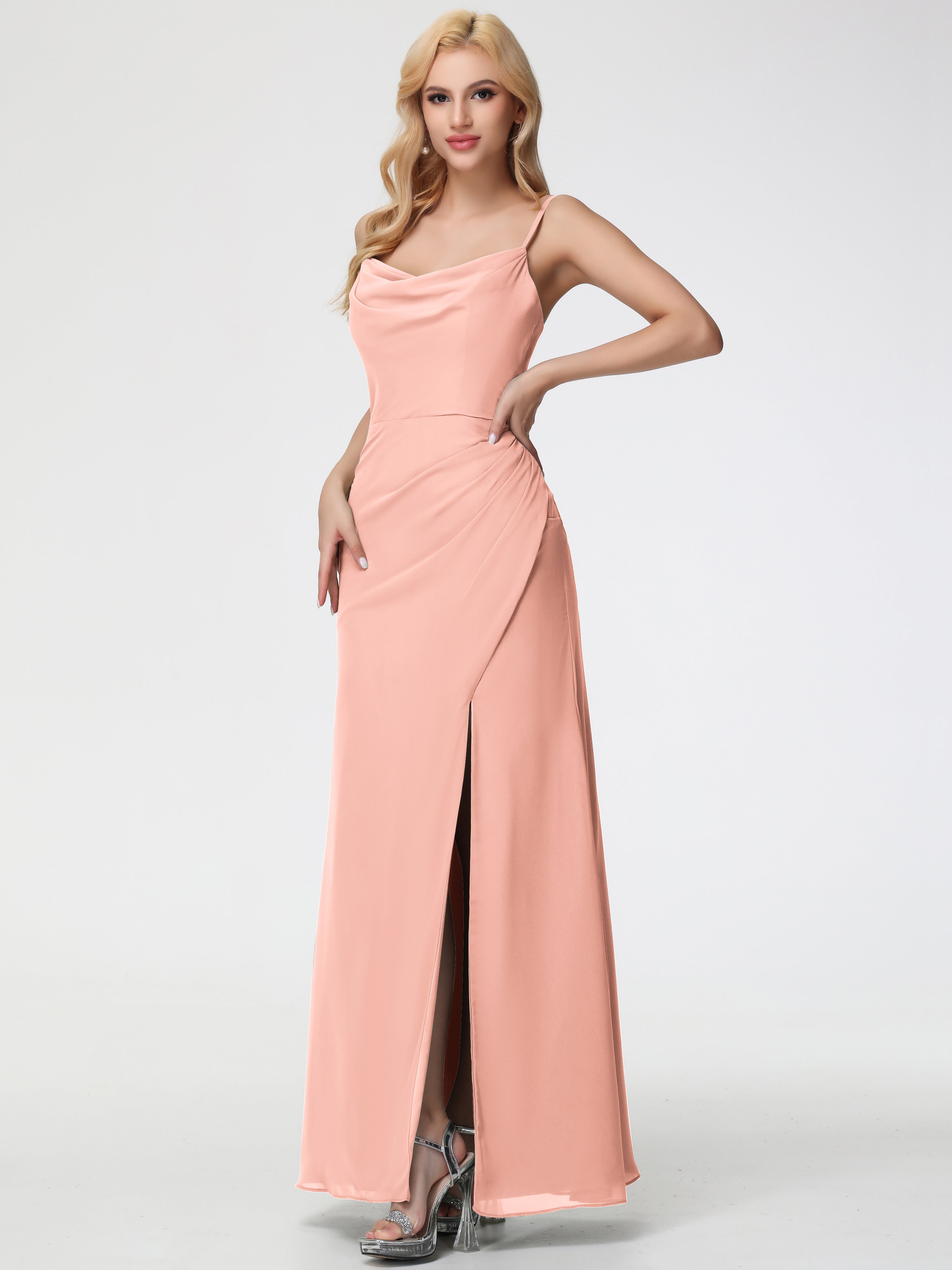 Coral Bridesmaid Dress Spaghetti Straps Cowl Neck Sheath/Coulmn Ruched Floor Length Chiffon Bridesmaid Dress with Slit Coral Bridesmaid Dress Spaghetti Straps Cowl Neck Sheath/Coulmn Ruched Floor Length Chiffon Bridesmaid Dress with Slit