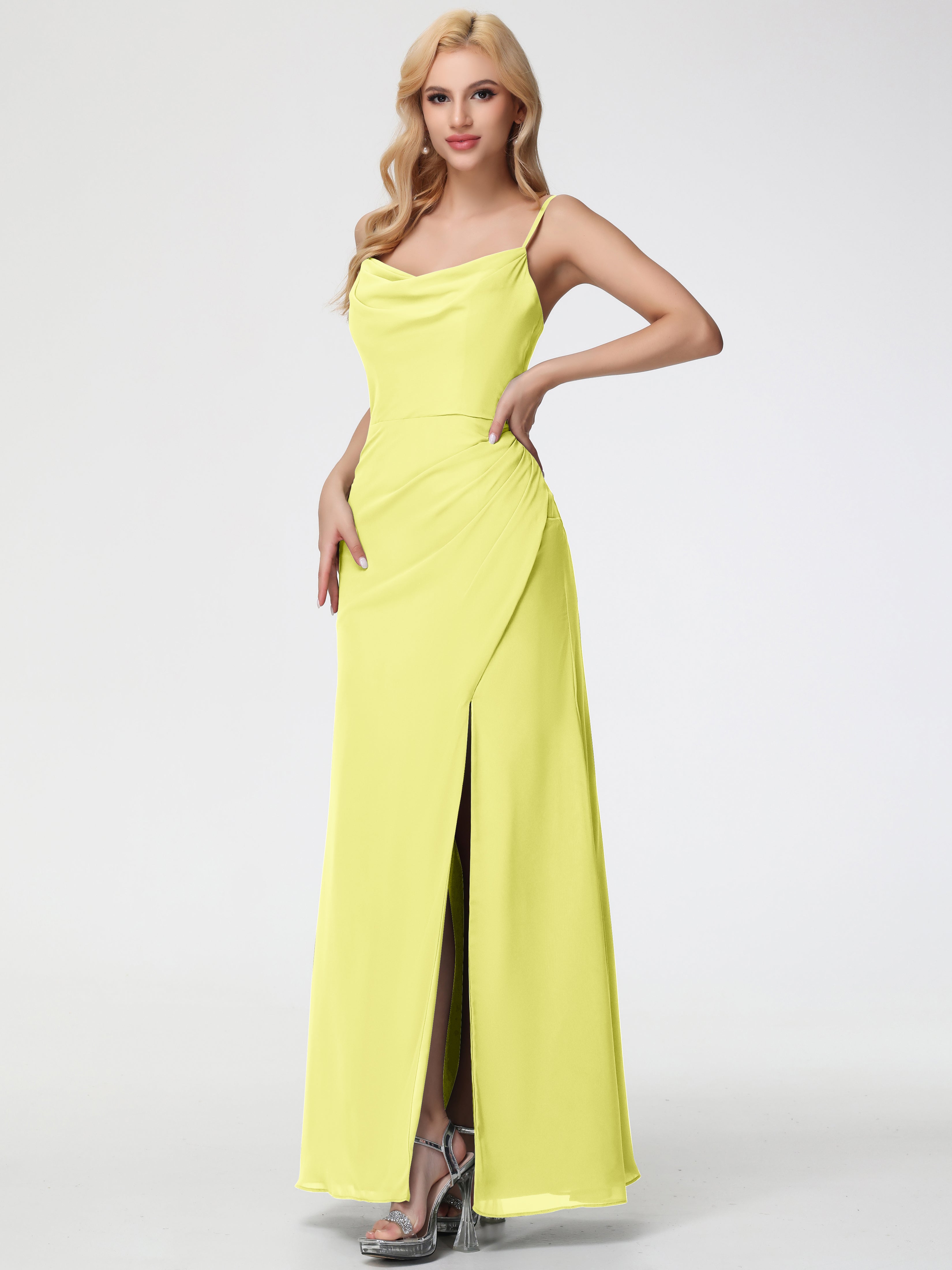 Daffodil Bridesmaid Dress Spaghetti Straps Cowl Neck Sheath/Coulmn Ruched Floor Length Chiffon Bridesmaid Dress With Slit Daffodil Bridesmaid Dress Spaghetti Straps Cowl Neck Sheath/Coulmn Ruched Floor Length Chiffon Bridesmaid Dress With Slit