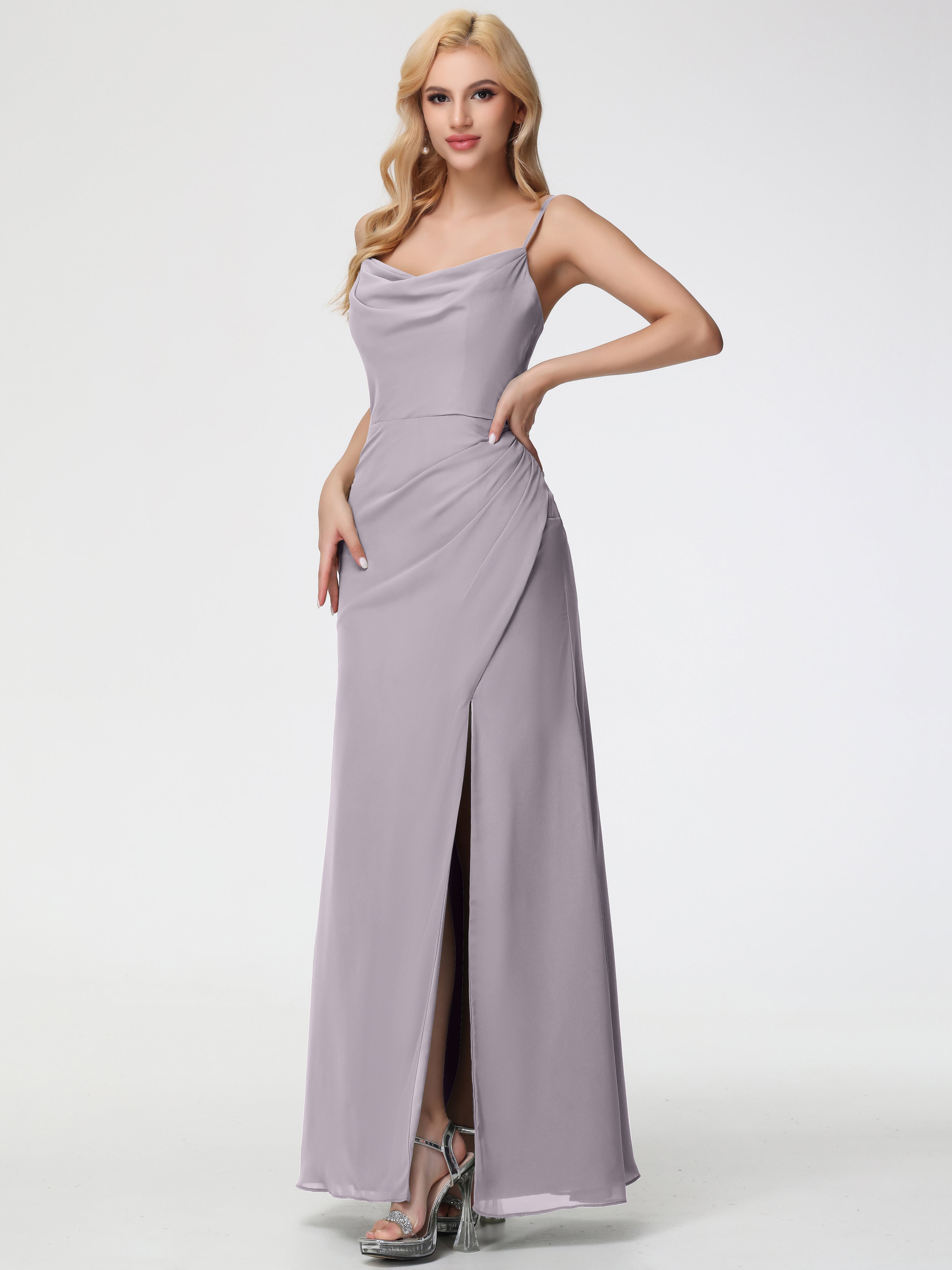 cowl neck chiffon bridesmaid dress with slit Cowl Neck Chiffon Bridesmaid Dress with Slit