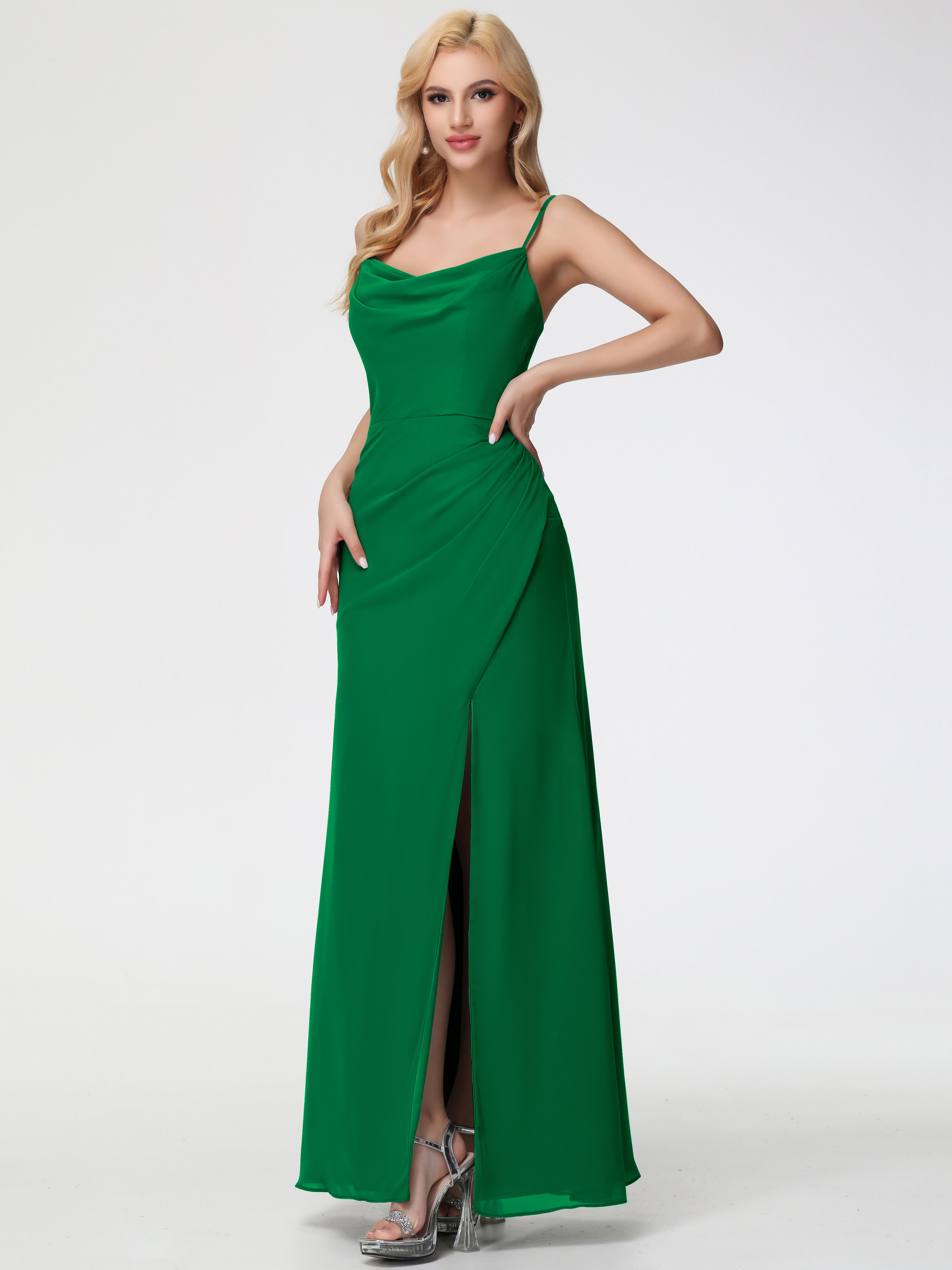 Emerald Bridesmaid Dress Spaghetti Straps Cowl Neck Sheath/Coulmn Ruched Floor Length Chiffon Bridesmaid Dress With Slit Emerald Bridesmaid Dress Spaghetti Straps Cowl Neck Sheath/Coulmn Ruched Floor Length Chiffon Bridesmaid Dress With Slit