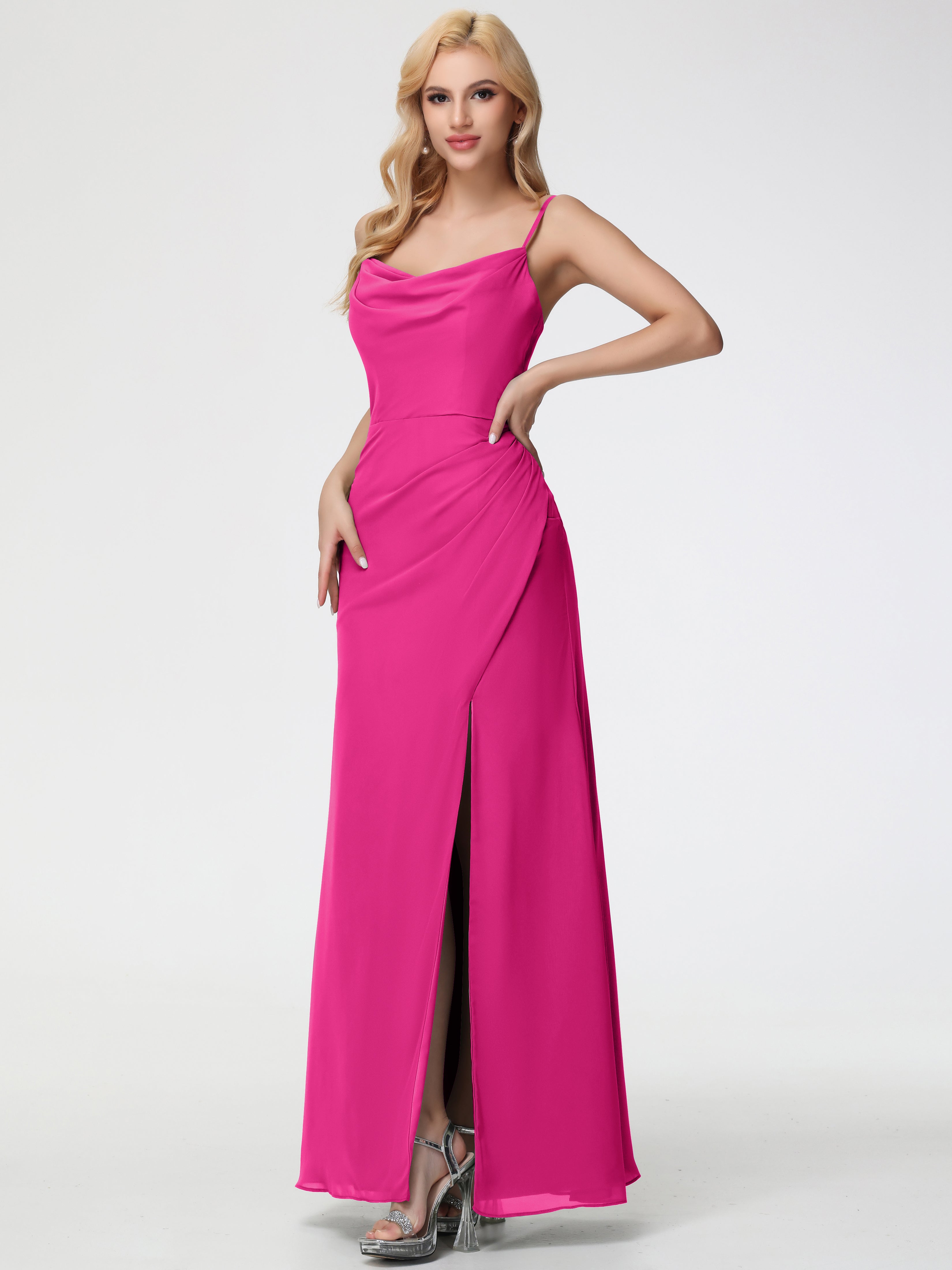 Fuchsia Bridesmaid Dress Spaghetti Straps Cowl Neck Sheath/Coulmn Ruched Floor Length Chiffon Bridesmaid Dress With Slit Fuchsia Bridesmaid Dress Spaghetti Straps Cowl Neck Sheath/Coulmn Ruched Floor Length Chiffon Bridesmaid Dress With Slit