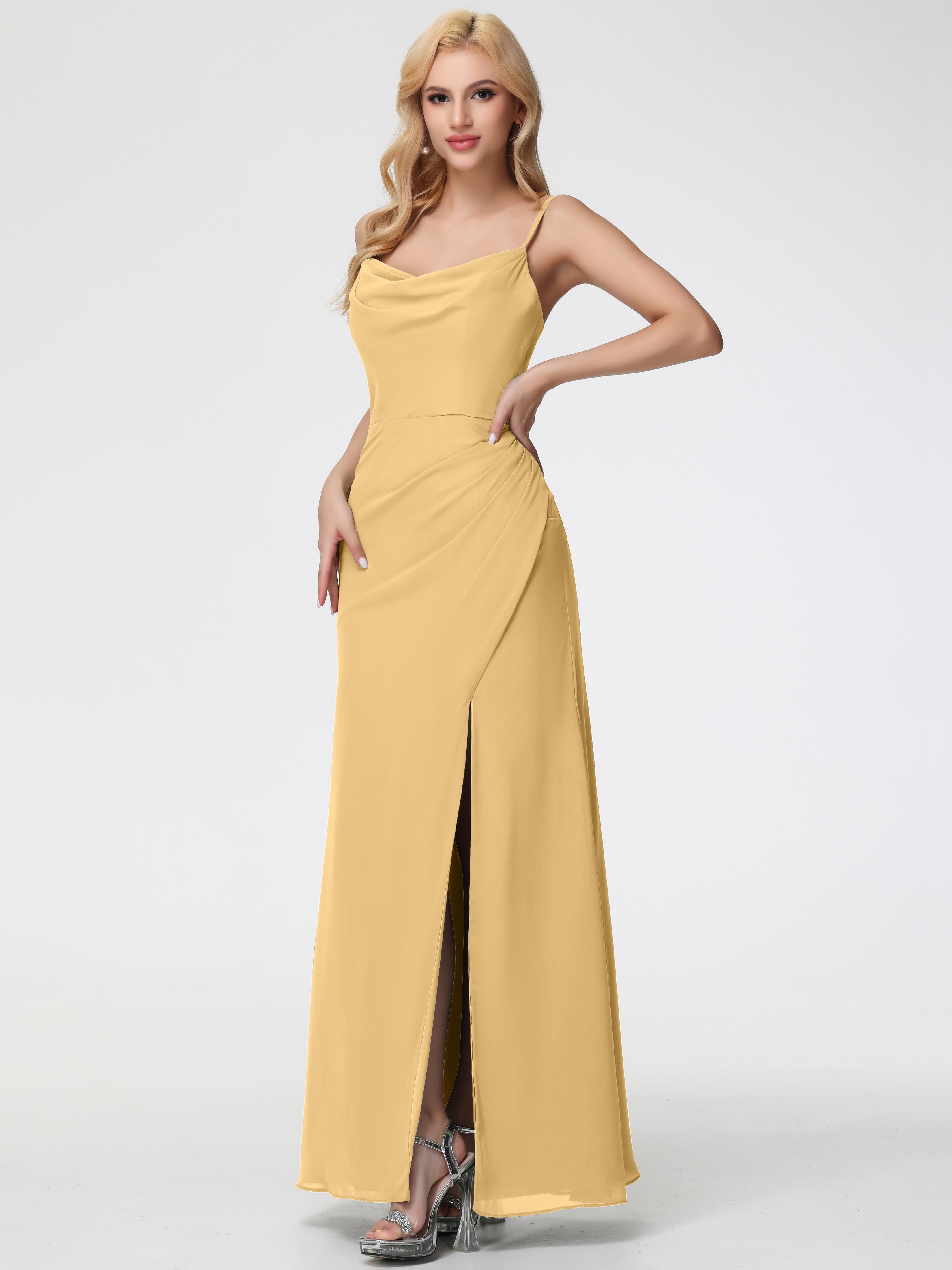 Gold Bridesmaid Dress Spaghetti Straps Cowl Neck Sheath/Coulmn Ruched Floor Length Chiffon Bridesmaid Dress with Slit Gold Bridesmaid Dress Spaghetti Straps Cowl Neck Sheath/Coulmn Ruched Floor Length Chiffon Bridesmaid Dress with Slit