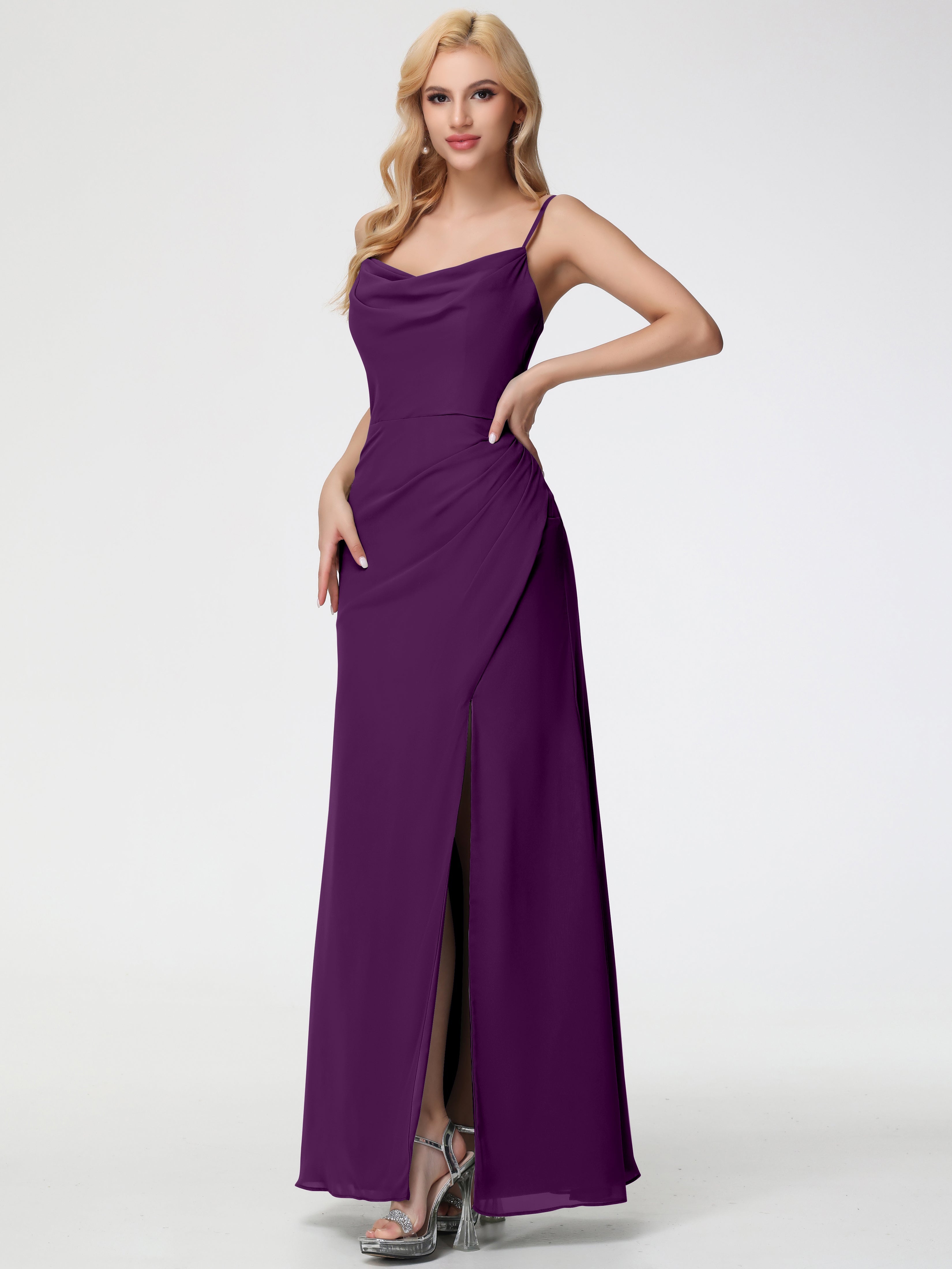 Grape Bridesmaid Dress Spaghetti Straps Cowl Neck Sheath/Coulmn Ruched Floor Length Chiffon Bridesmaid Dress With Slit Grape Bridesmaid Dress Spaghetti Straps Cowl Neck Sheath/Coulmn Ruched Floor Length Chiffon Bridesmaid Dress With Slit