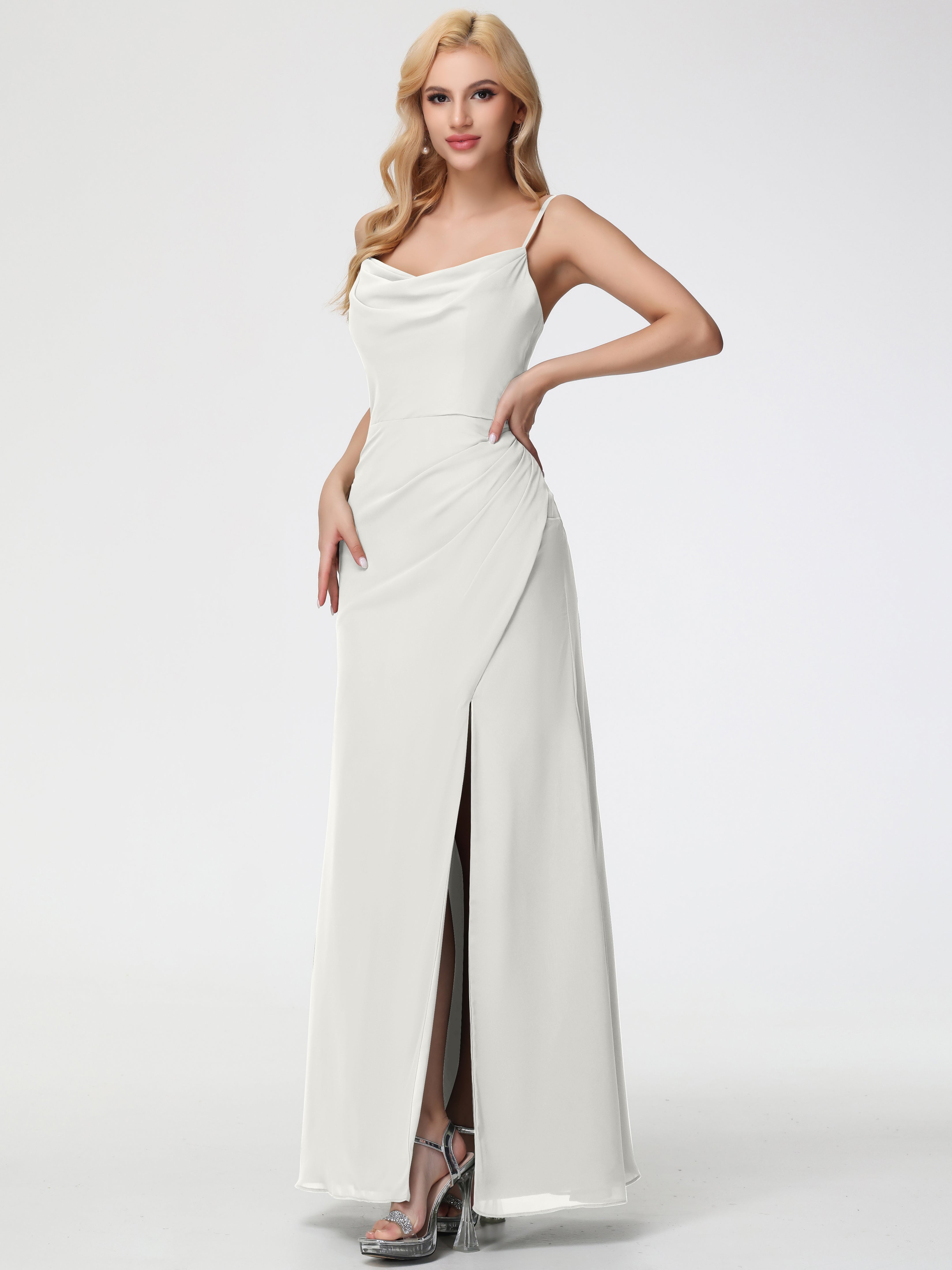 Ivory Bridesmaid Dress Spaghetti Straps Cowl Neck Sheath/Coulmn Ruched Floor Length Chiffon Bridesmaid Dress With Slit Ivory Bridesmaid Dress Spaghetti Straps Cowl Neck Sheath/Coulmn Ruched Floor Length Chiffon Bridesmaid Dress With Slit
