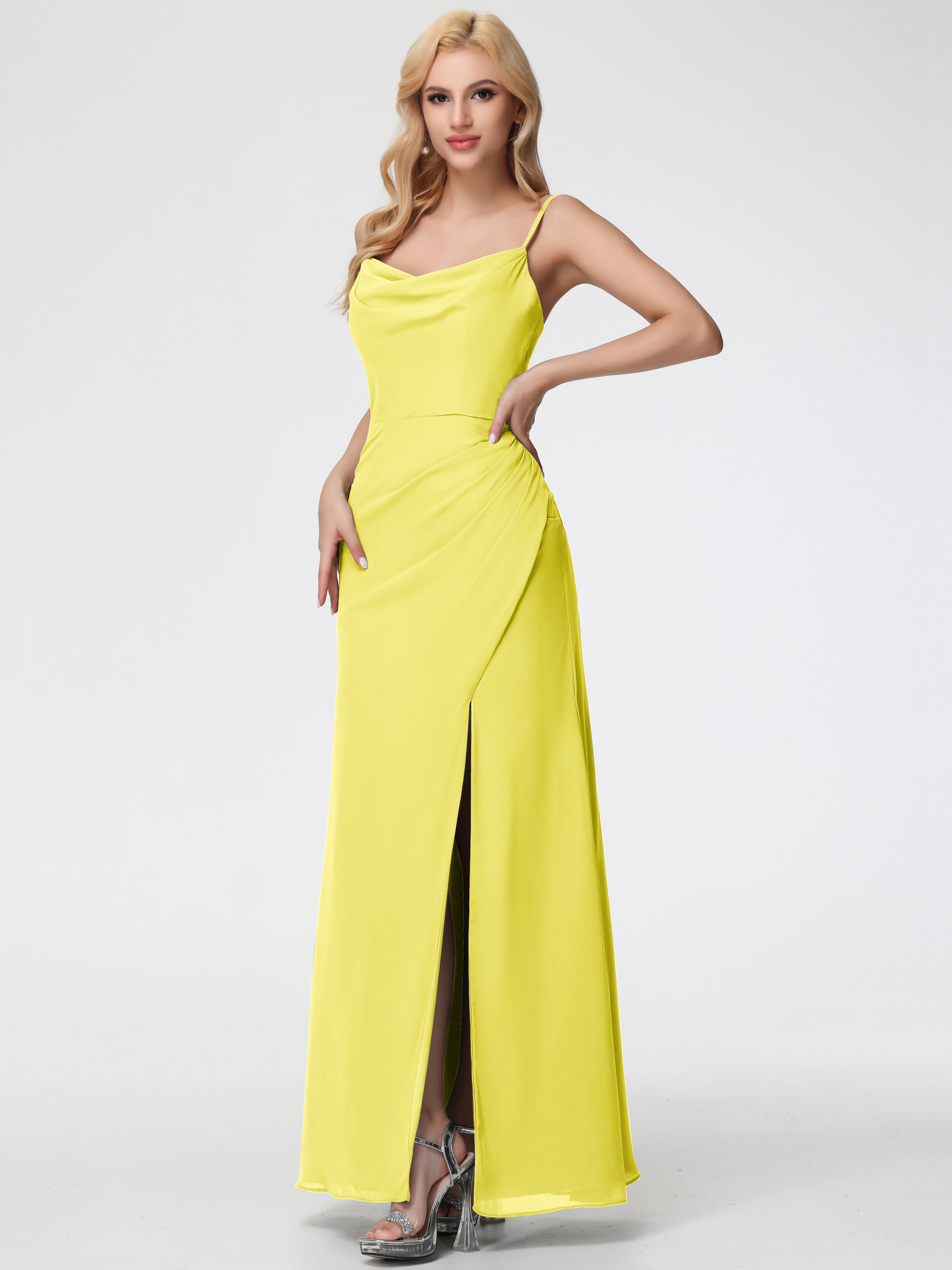 Lemon Bridesmaid Dress Spaghetti Straps Cowl Neck Sheath/Coulmn Ruched Floor Length Chiffon Bridesmaid Dress With Slit Lemon Bridesmaid Dress Spaghetti Straps Cowl Neck Sheath/Coulmn Ruched Floor Length Chiffon Bridesmaid Dress With Slit