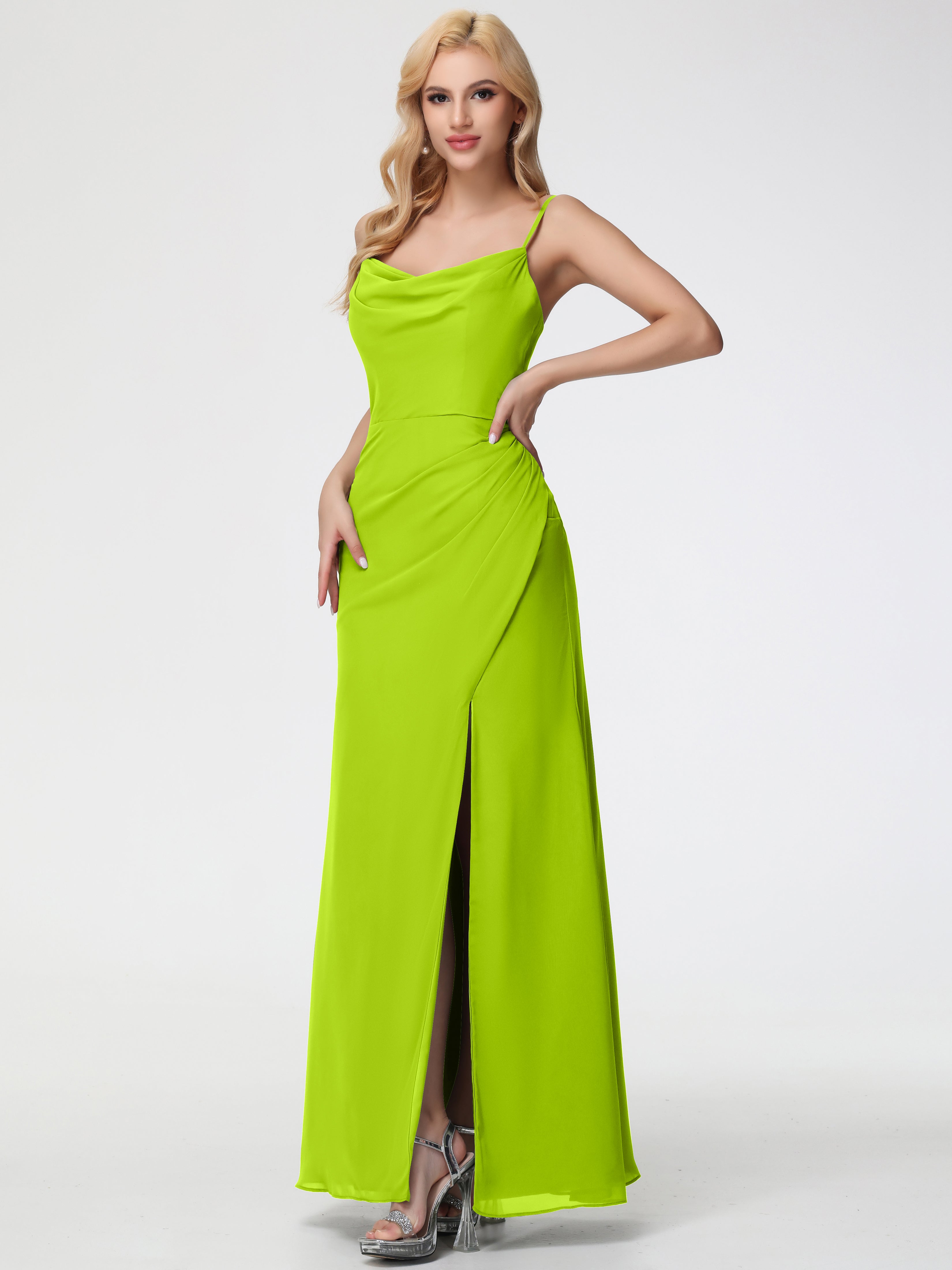 Lime Green Bridesmaid Dress Spaghetti Straps Cowl Neck Sheath/Coulmn Ruched Floor Length Chiffon Bridesmaid Dress With Slit Lime Green Bridesmaid Dress Spaghetti Straps Cowl Neck Sheath/Coulmn Ruched Floor Length Chiffon Bridesmaid Dress With Slit