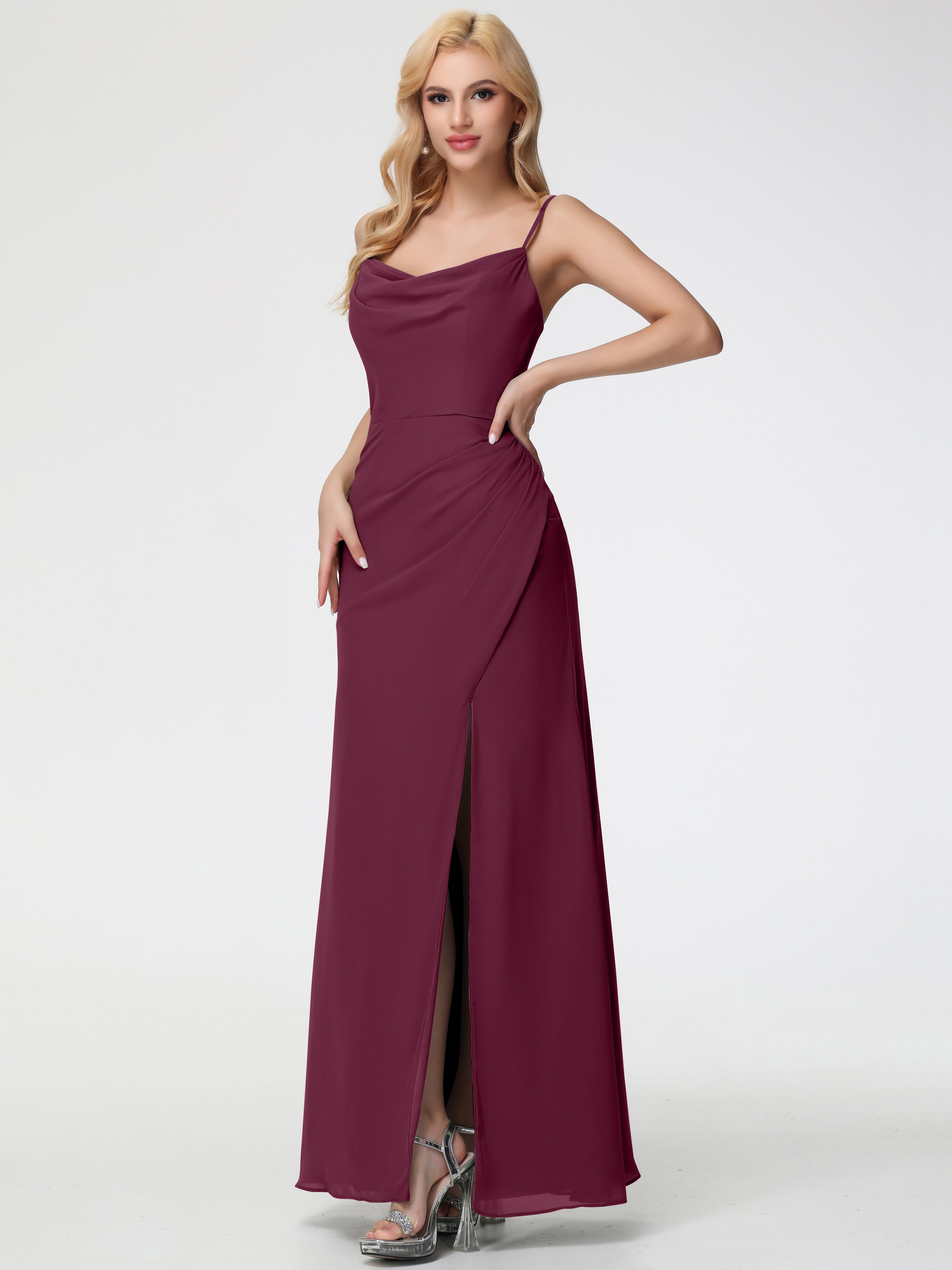 Mulberry Bridesmaid Dress Spaghetti Straps Cowl Neck Sheath/Coulmn Ruched Floor Length Chiffon Bridesmaid Dress With Slit Mulberry Bridesmaid Dress Spaghetti Straps Cowl Neck Sheath/Coulmn Ruched Floor Length Chiffon Bridesmaid Dress With Slit