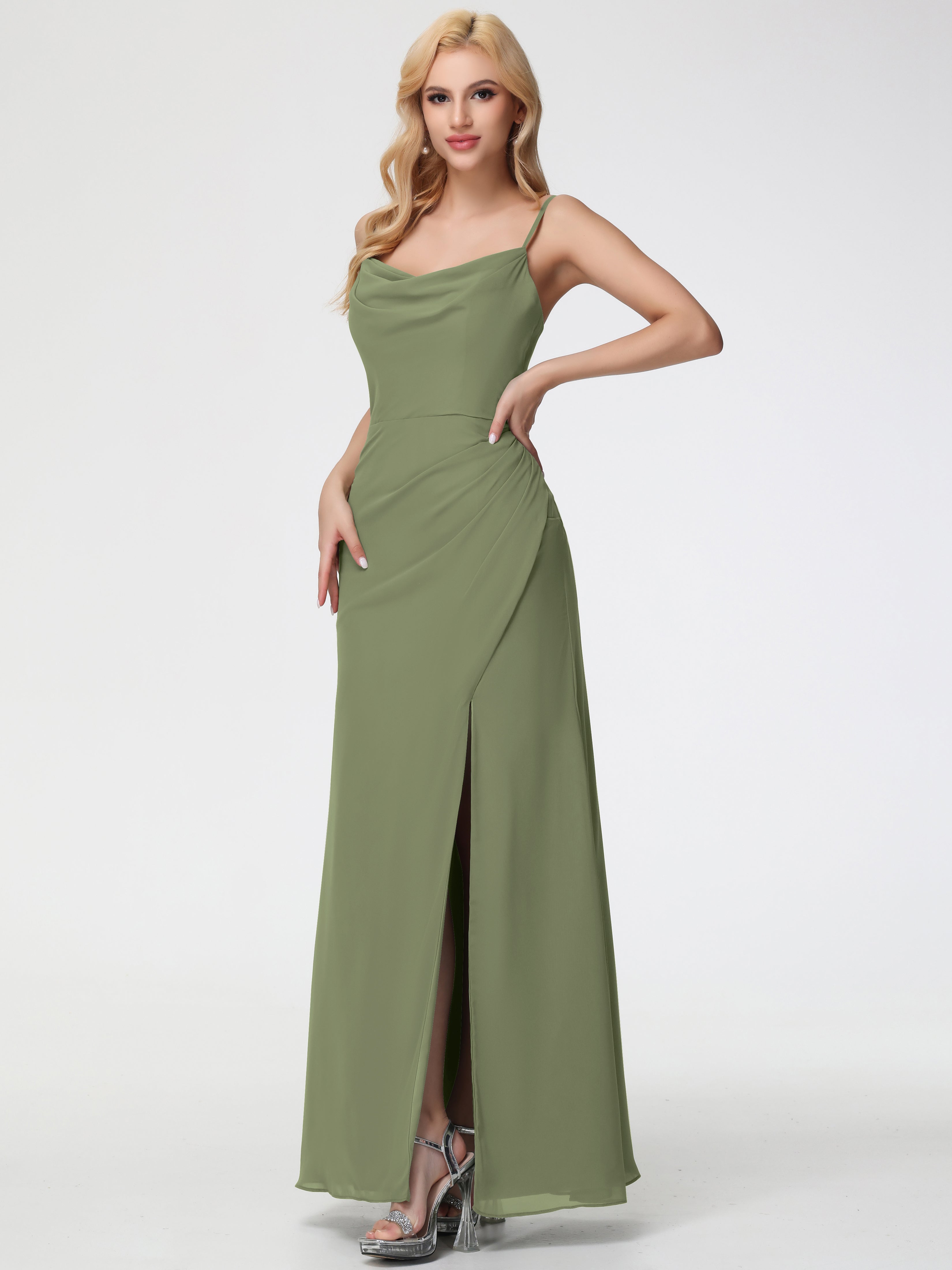 Olive Green Bridesmaid Dress Spaghetti Straps Cowl Neck Sheath/Coulmn Ruched Floor Length Chiffon Bridesmaid Dress With Slit Olive Green Bridesmaid Dress Spaghetti Straps Cowl Neck Sheath/Coulmn Ruched Floor Length Chiffon Bridesmaid Dress With Slit