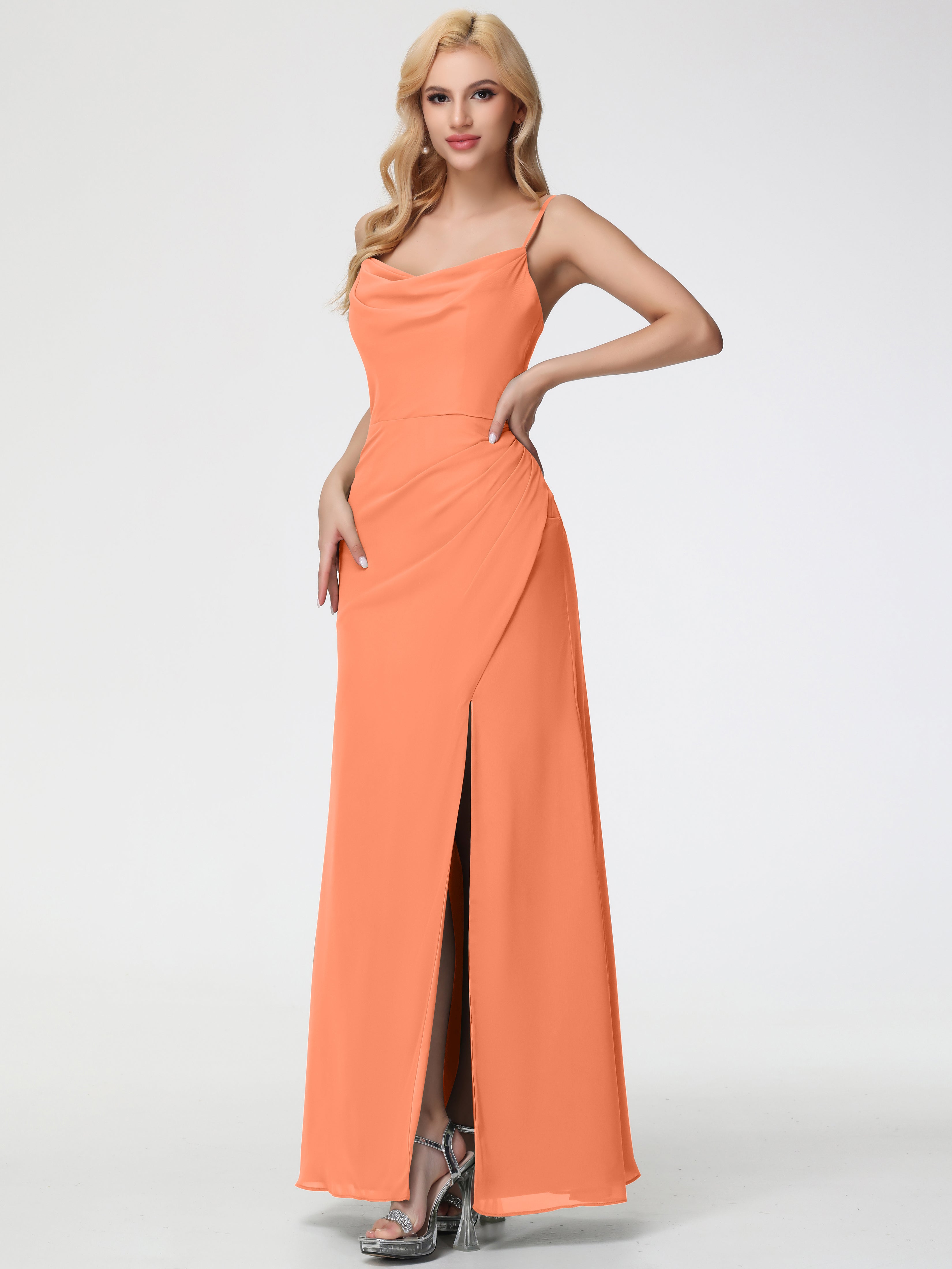 Papaya Bridesmaid Dress Spaghetti Straps Cowl Neck Sheath/Coulmn Ruched Floor Length Chiffon Bridesmaid Dress With Slit Papaya Bridesmaid Dress Spaghetti Straps Cowl Neck Sheath/Coulmn Ruched Floor Length Chiffon Bridesmaid Dress With Slit