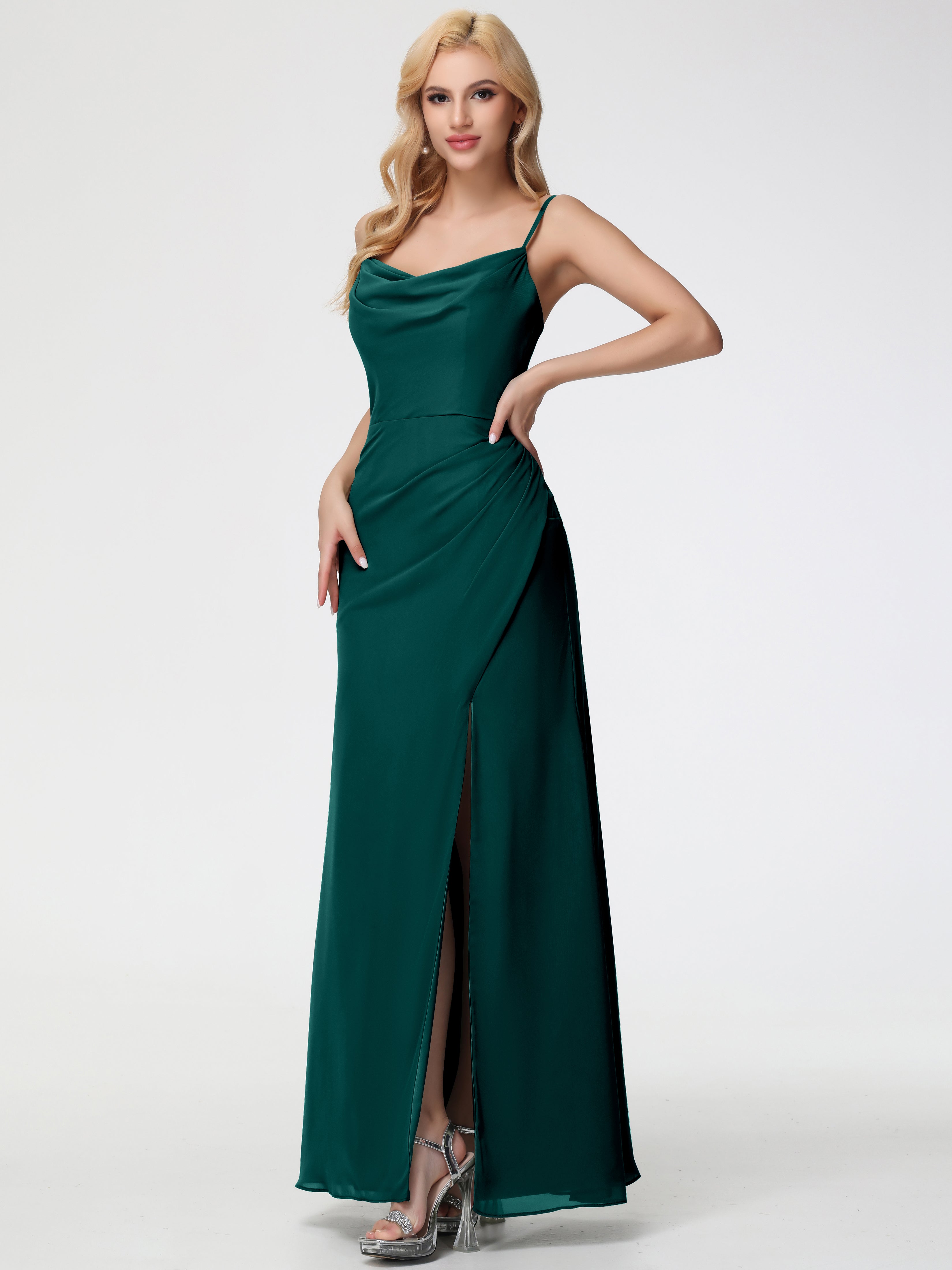 peacock bridesmaid dresses Peacock Bridesmaid Dress Spaghetti Straps Cowl Neck Sheath/Coulmn Ruched Floor Length Chiffon Bridesmaid Dress With Slit