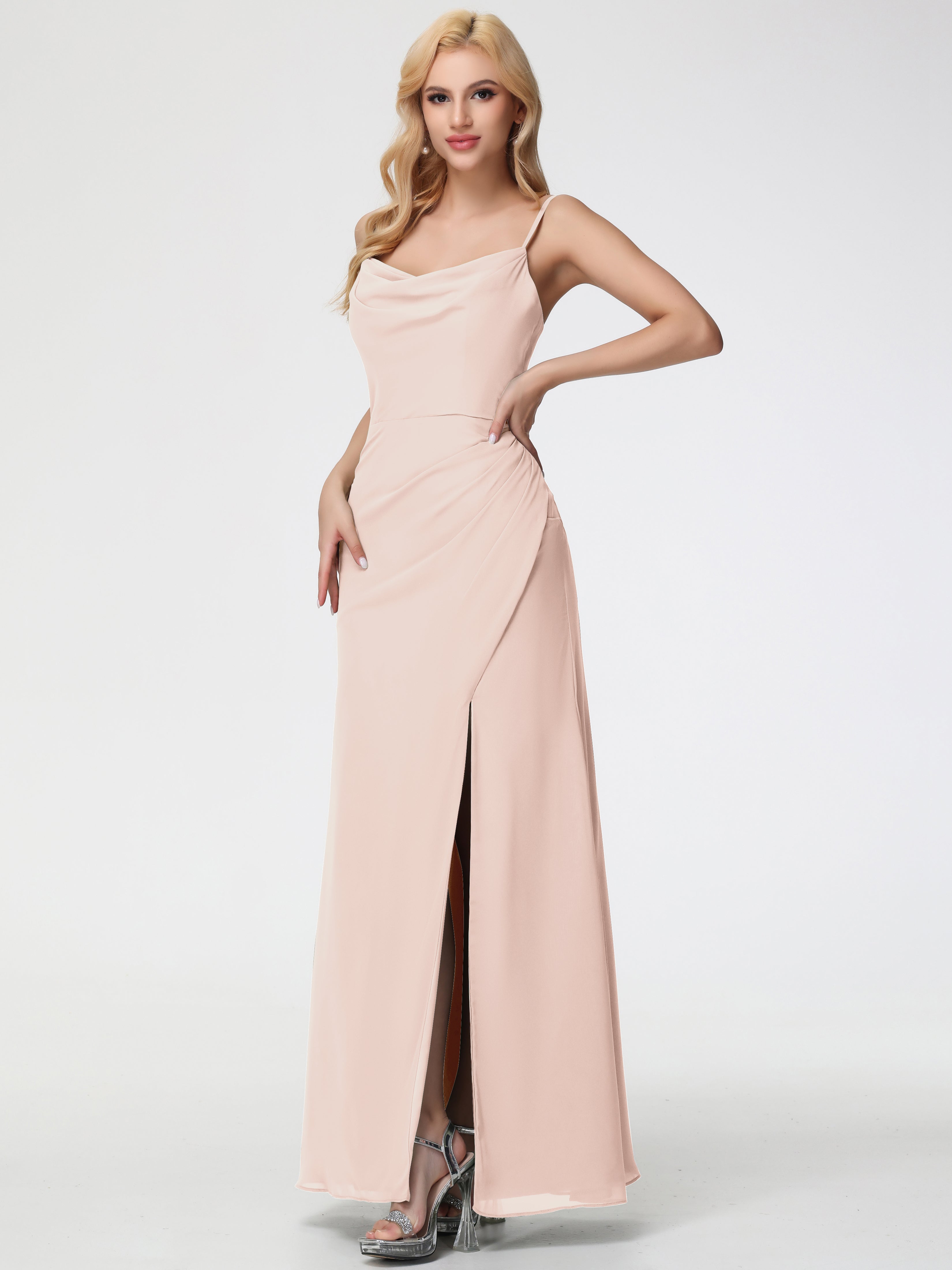 pearl pink bridesmaid dress AW.Bridal A-line Sweetheart Neckline Floor Length Puff Sleeves Chiffon Pleat Split Long Bridesmaid Dresses Pearl Pink Size 6