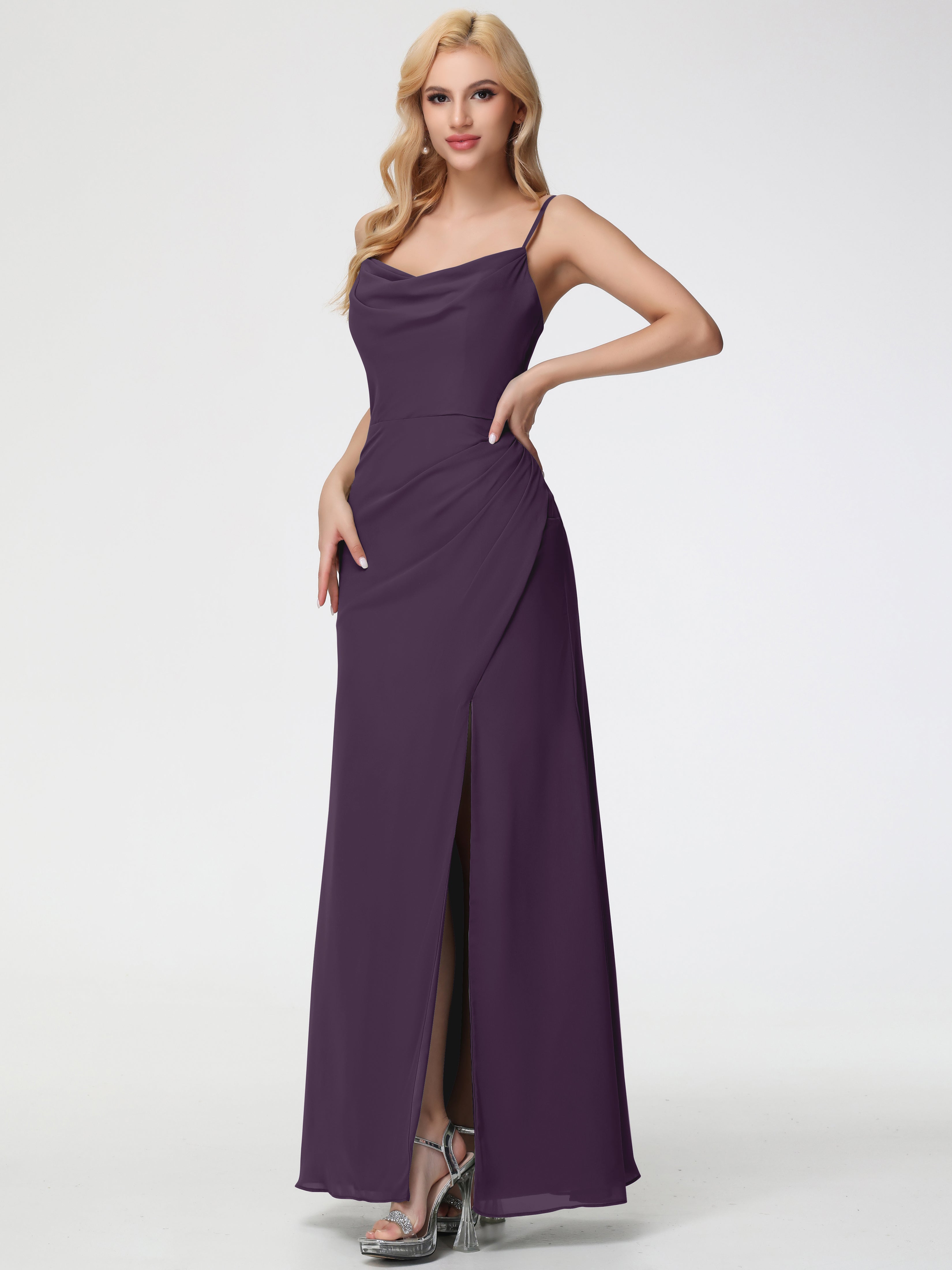 Plum Bridesmaid Dress Spaghetti Straps Cowl Neck Sheath/Coulmn Ruched Floor Length Chiffon Bridesmaid Dress With Slit Plum Bridesmaid Dress Spaghetti Straps Cowl Neck Sheath/Coulmn Ruched Floor Length Chiffon Bridesmaid Dress With Slit